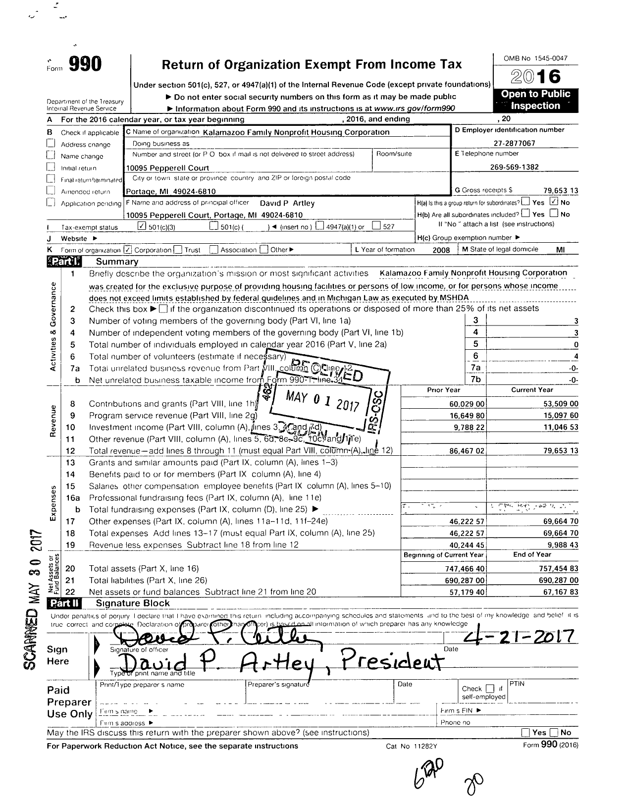 Image of first page of 2016 Form 990 for Kalamazoo Family Nonprofit Housing Corporation