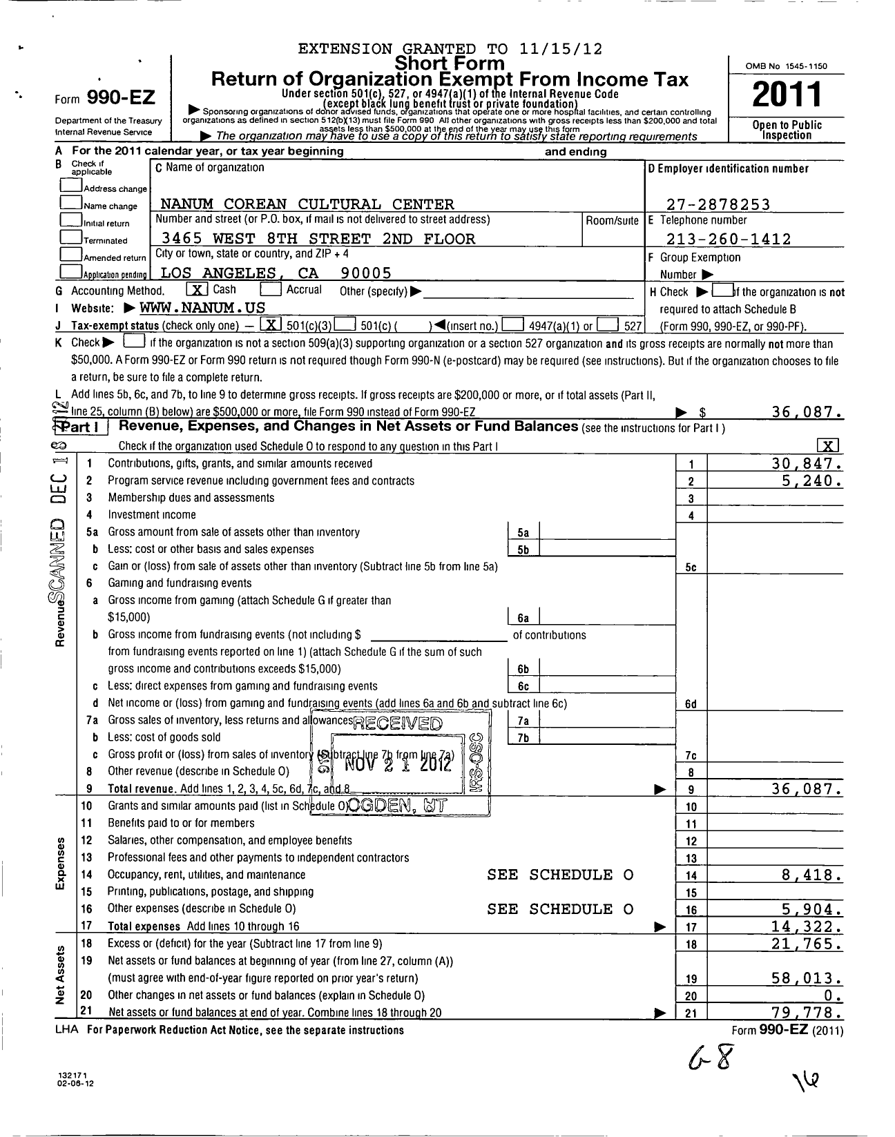 Image of first page of 2011 Form 990EZ for Nanum Corean Cultural Center