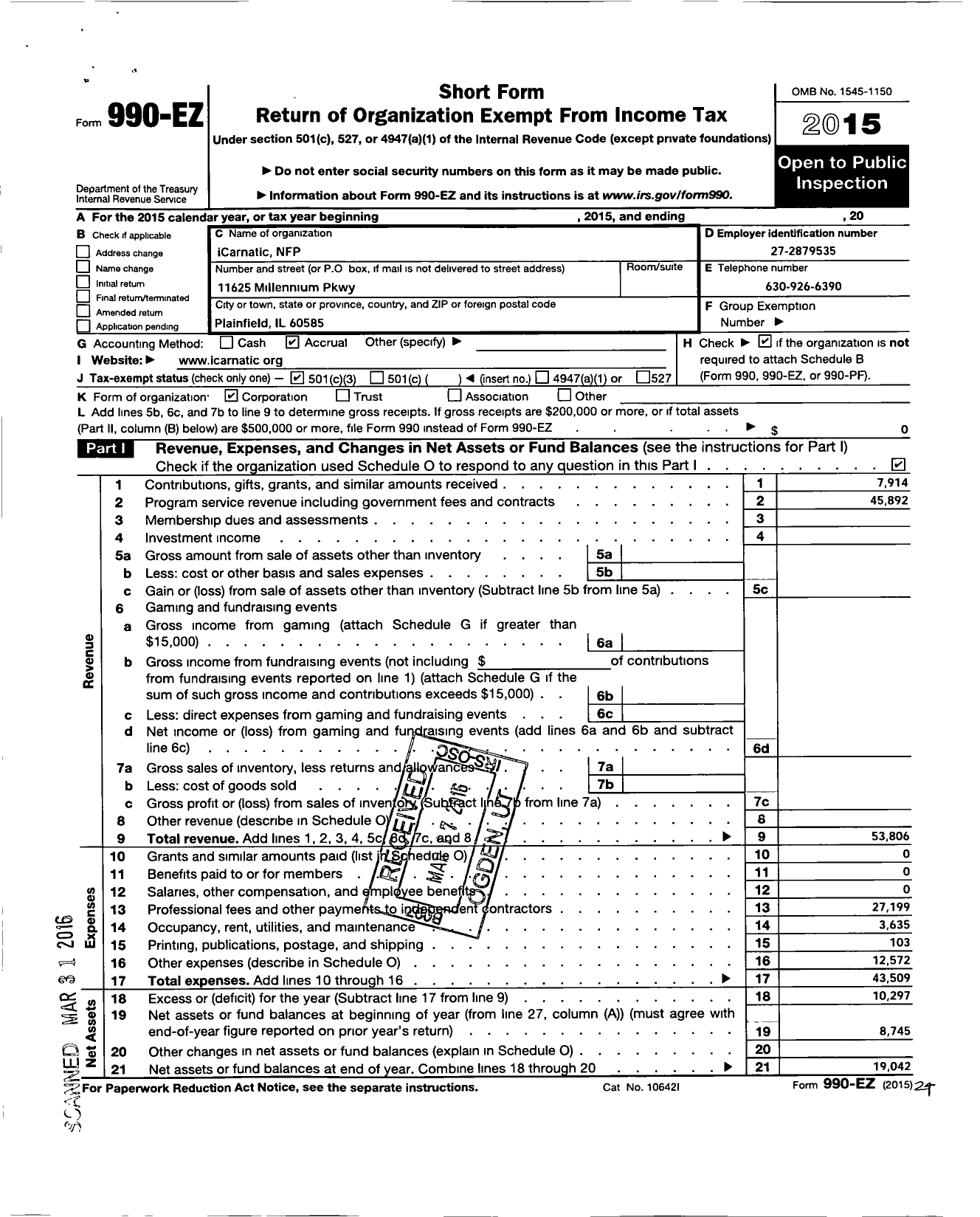 Image of first page of 2015 Form 990EZ for Icarnatic NFP