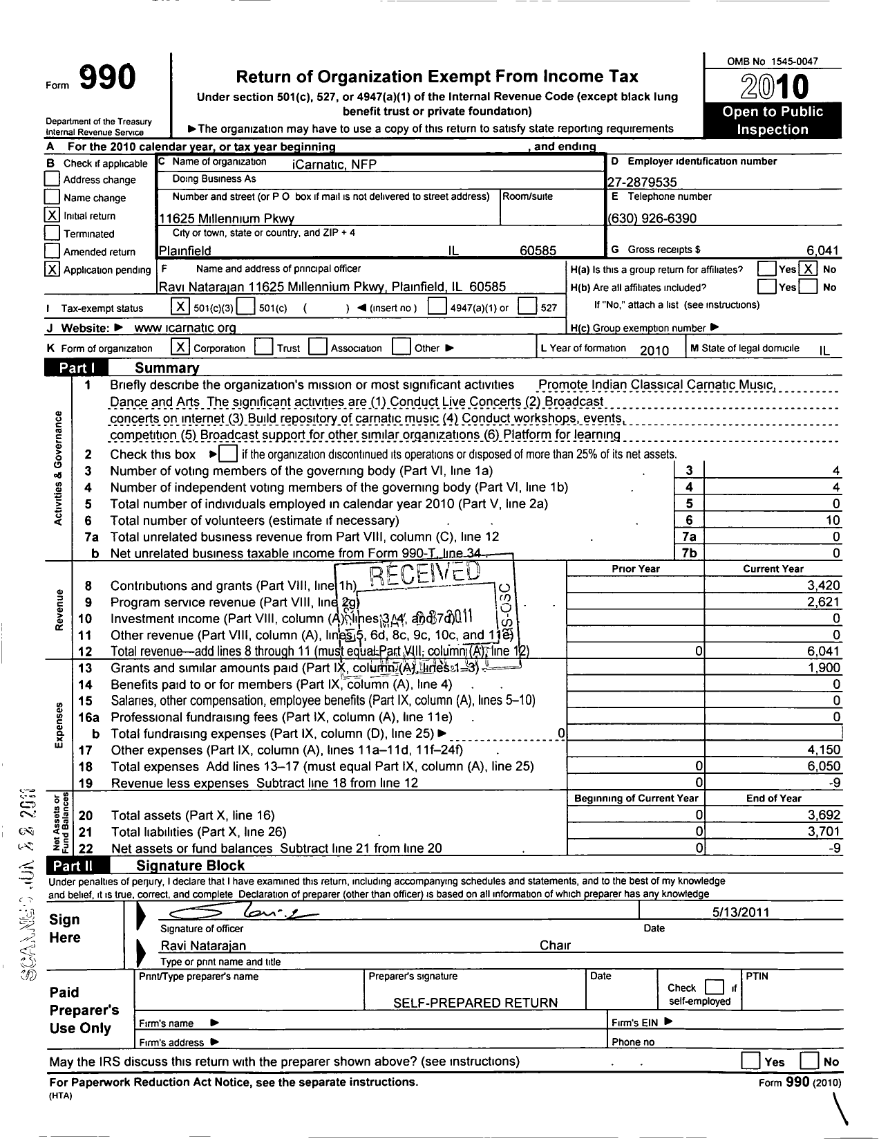 Image of first page of 2010 Form 990 for Icarnatic NFP