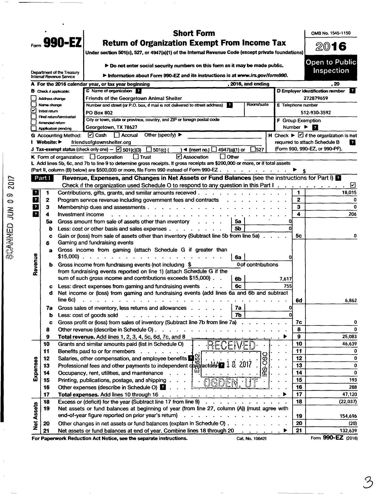 Image of first page of 2016 Form 990EZ for Friends of the Georgetown Animal Shelter