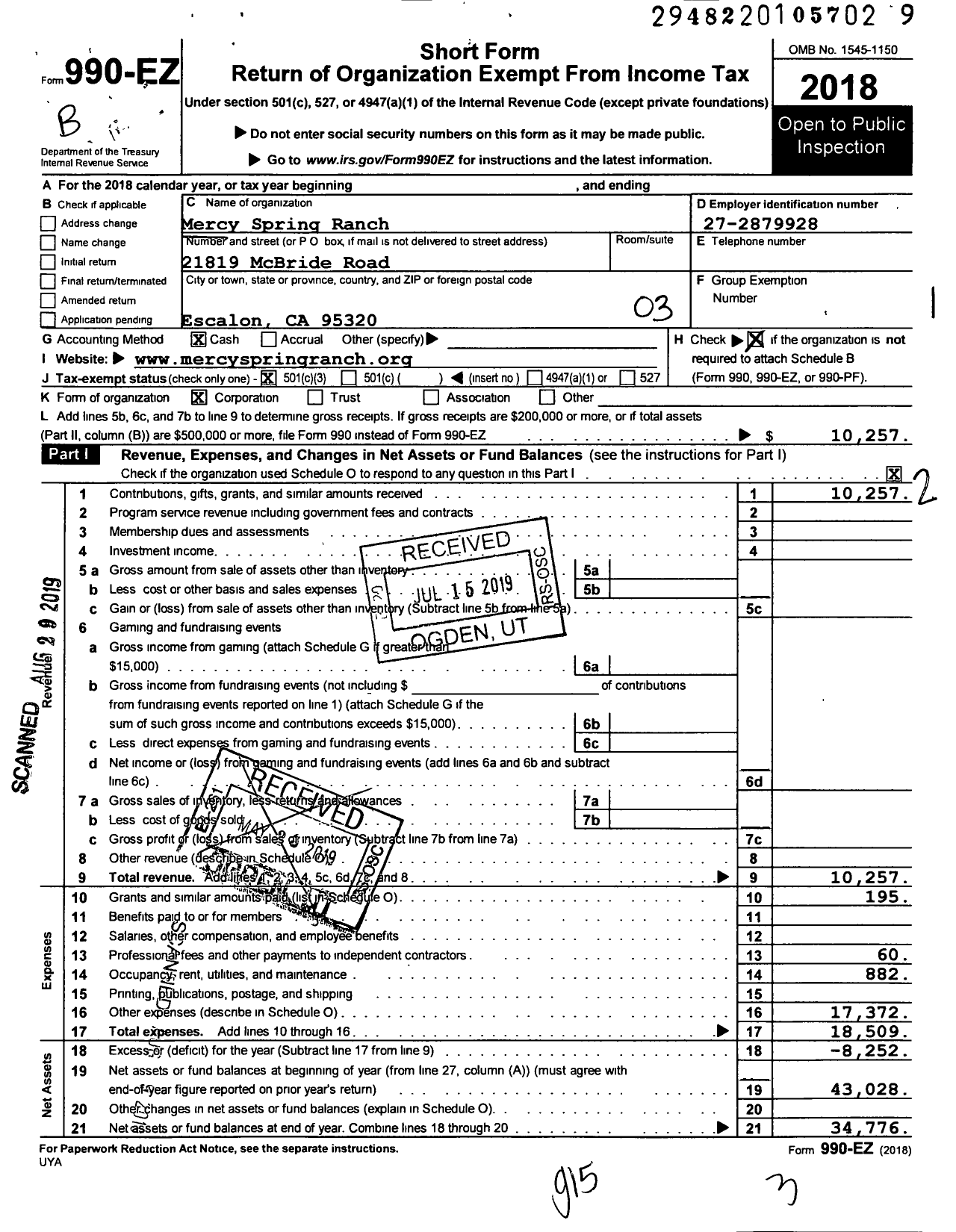 Image of first page of 2018 Form 990EZ for Mercy Spring Ranch