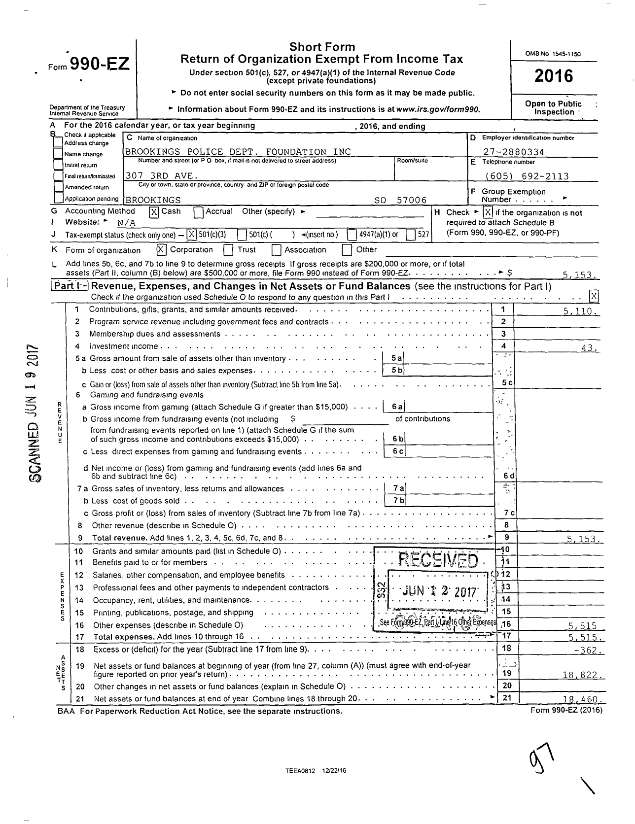 Image of first page of 2016 Form 990EZ for Brookings Police Department Foundation