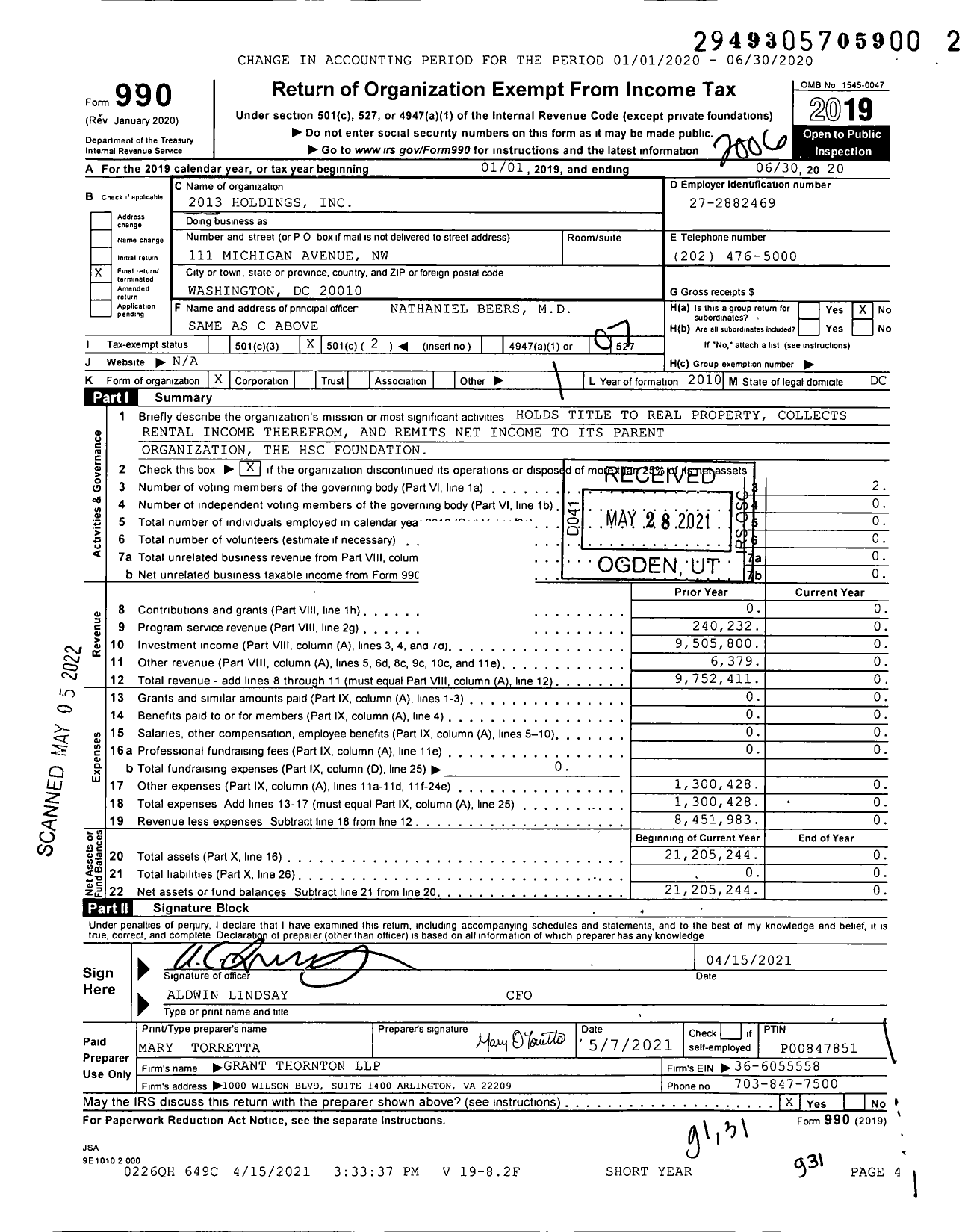 Image of first page of 2019 Form 990O for 2013 Holdings