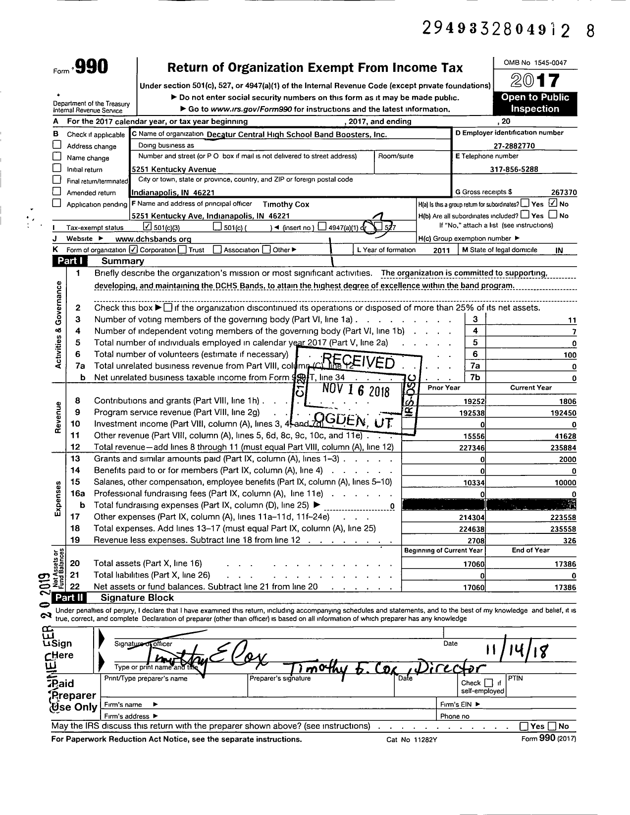 Image of first page of 2017 Form 990 for Decatur Central High School Band Boosters