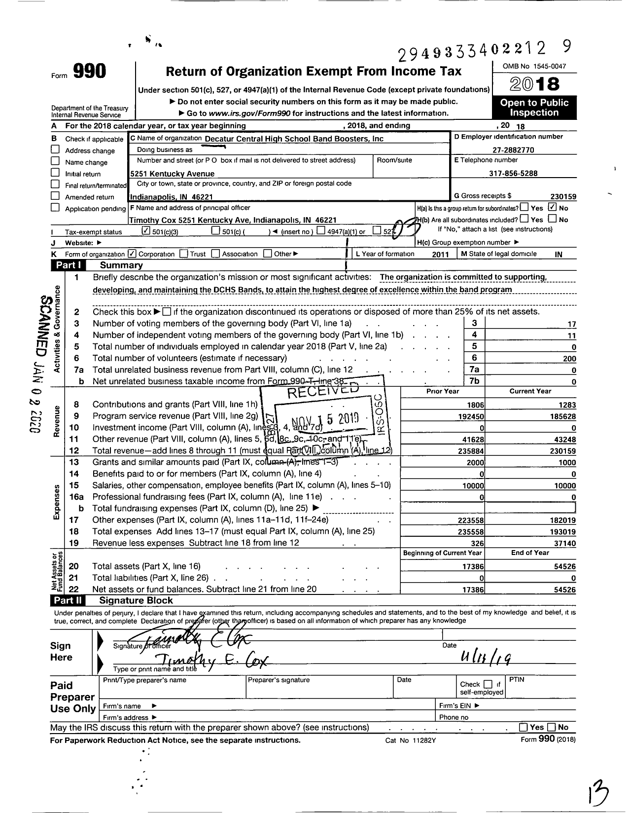 Image of first page of 2018 Form 990 for Decatur Central High School Band Boosters