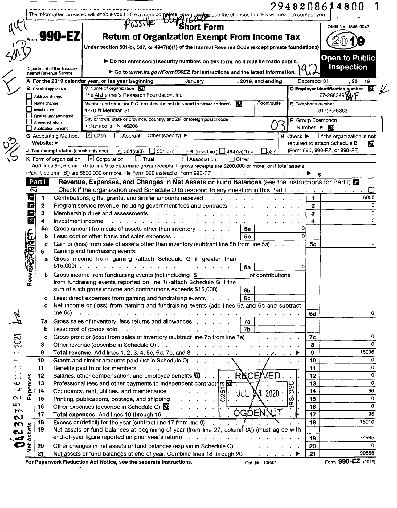 Image of first page of 2019 Form 990EZ for Alzheimer Research Project