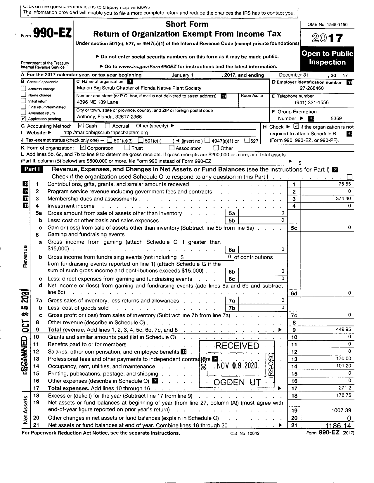 Image of first page of 2017 Form 990EZ for Marion Big Scrub Chapter Flordia Native Plant Society