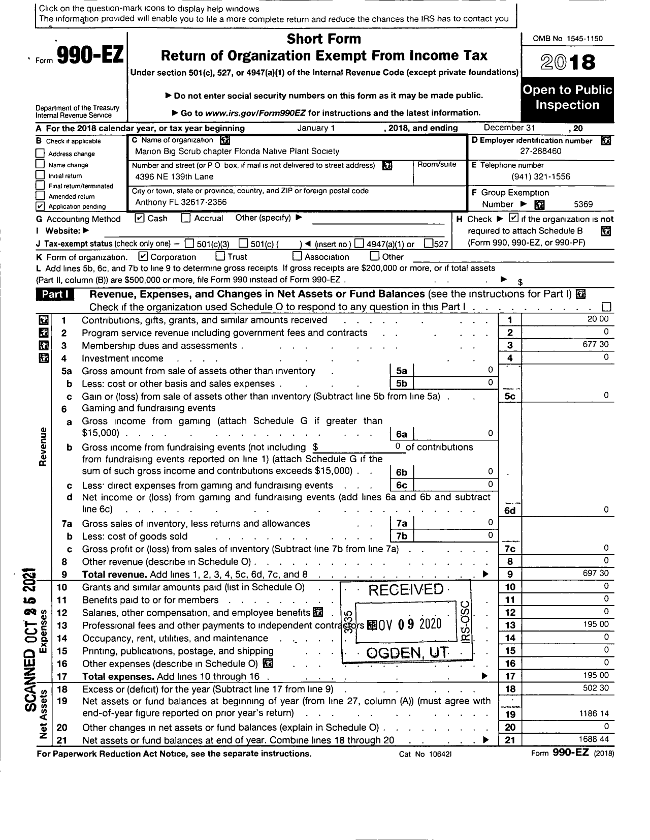 Image of first page of 2018 Form 990EZ for Marion Big Scrub Chapter Flordia Native Plant Society