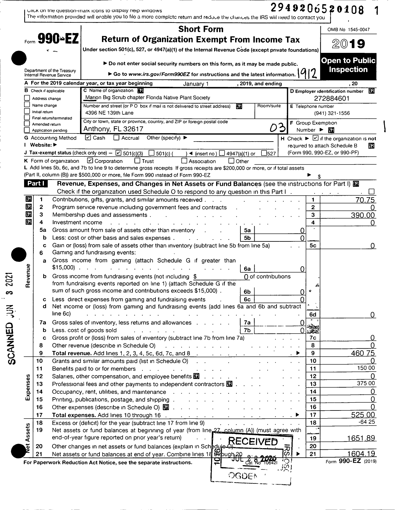 Image of first page of 2019 Form 990EZ for Marion Big Scrub Chapter Flordia Native Plant Society