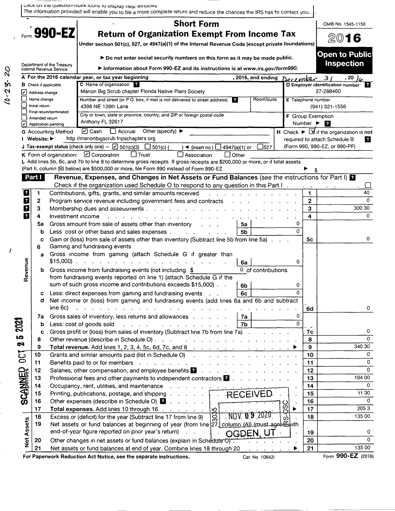 Image of first page of 2016 Form 990EZ for Marion Big Scrub Chapter Flordia Native Plant Society