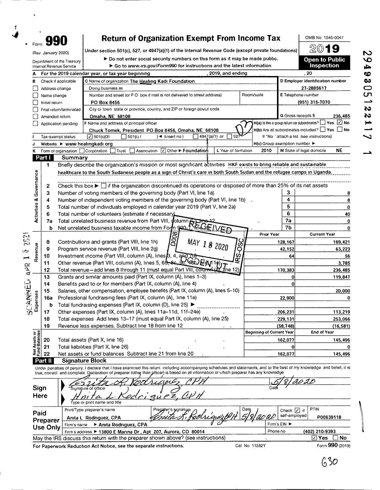 Image of first page of 2019 Form 990 for The Healing Kadi Foundation