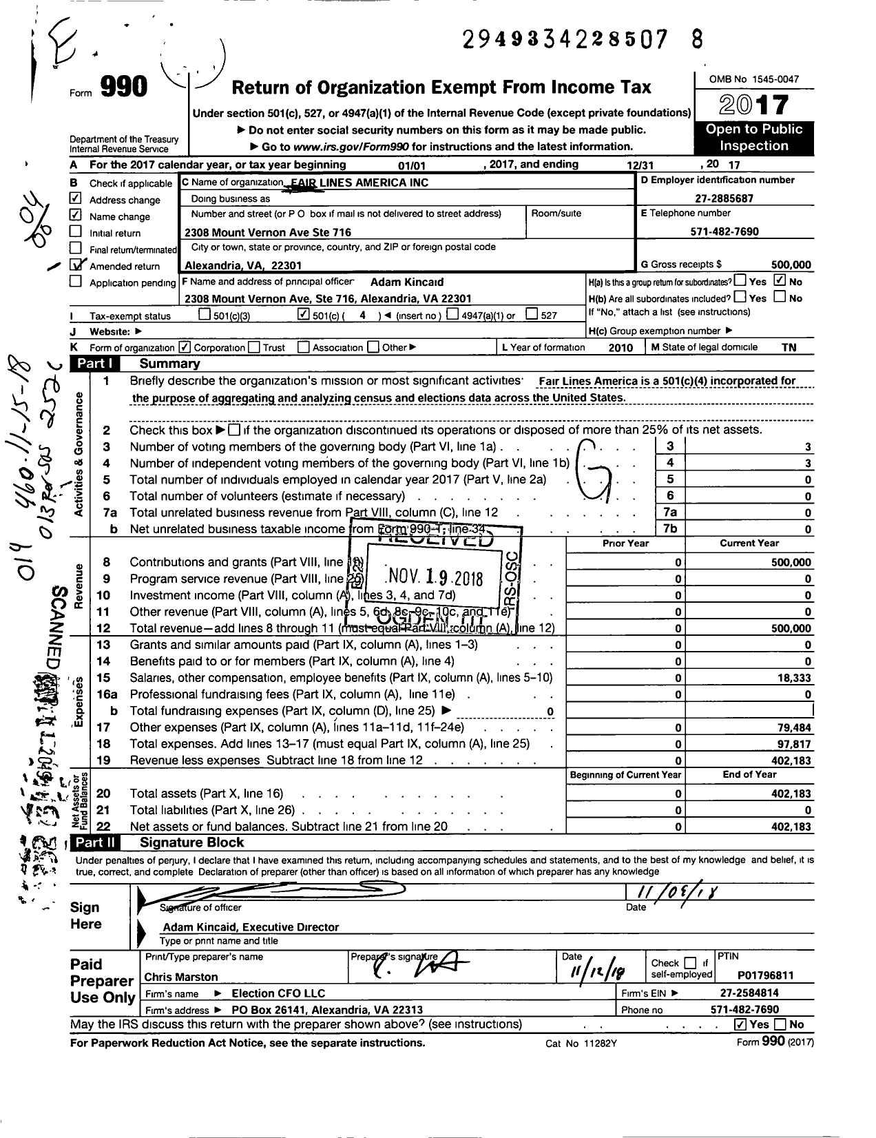 Image of first page of 2017 Form 990O for Fair Lines America