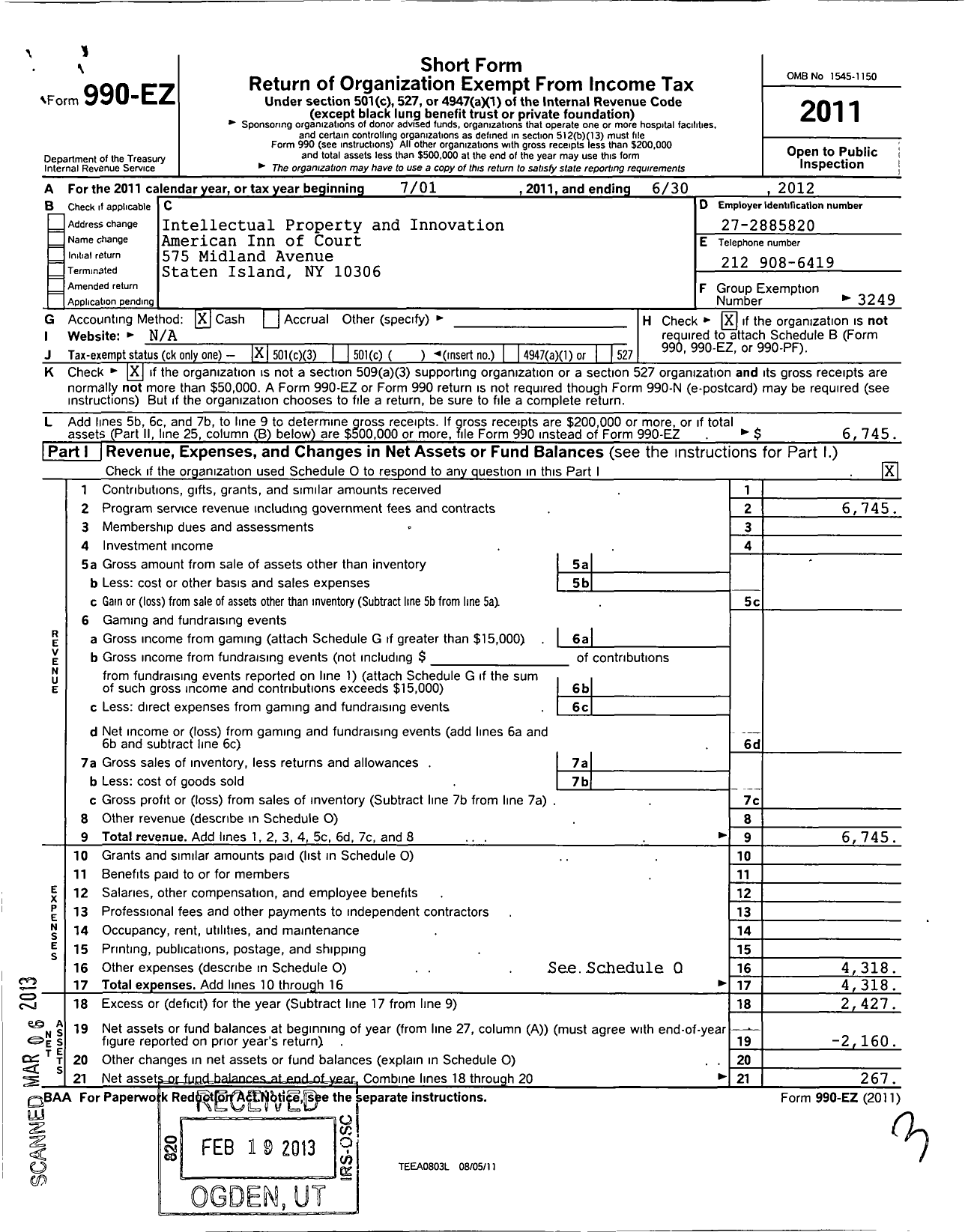 Image of first page of 2011 Form 990EZ for American Inn of Court Foundation - 30441 Intellectual Property and Innov