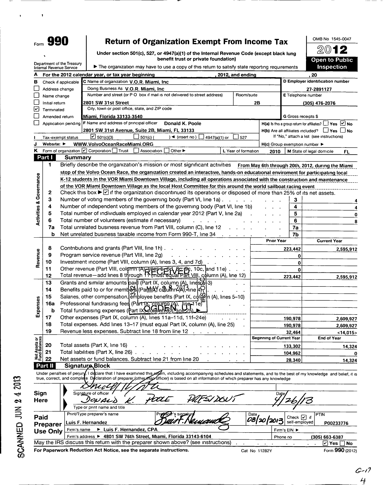 Image of first page of 2012 Form 990 for Vor O R Miami