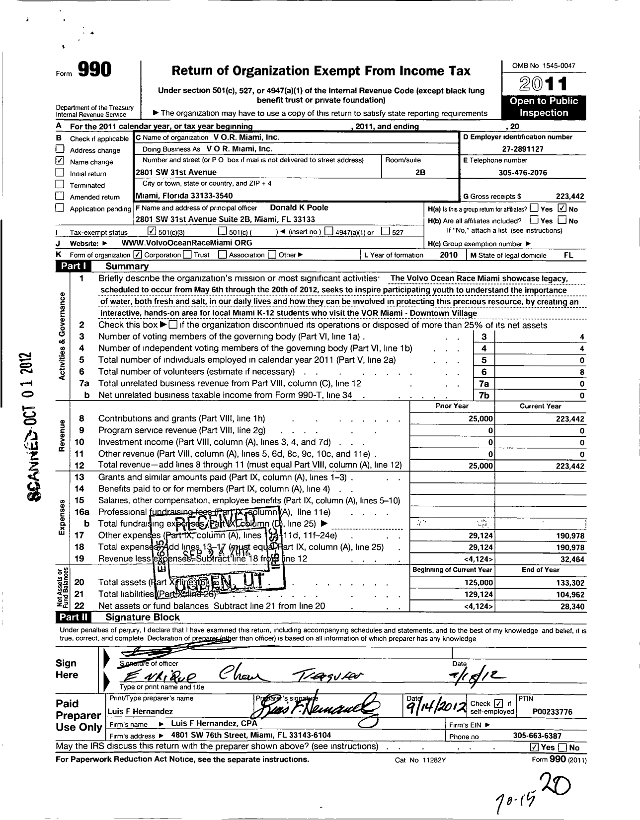 Image of first page of 2011 Form 990 for Vor O R Miami