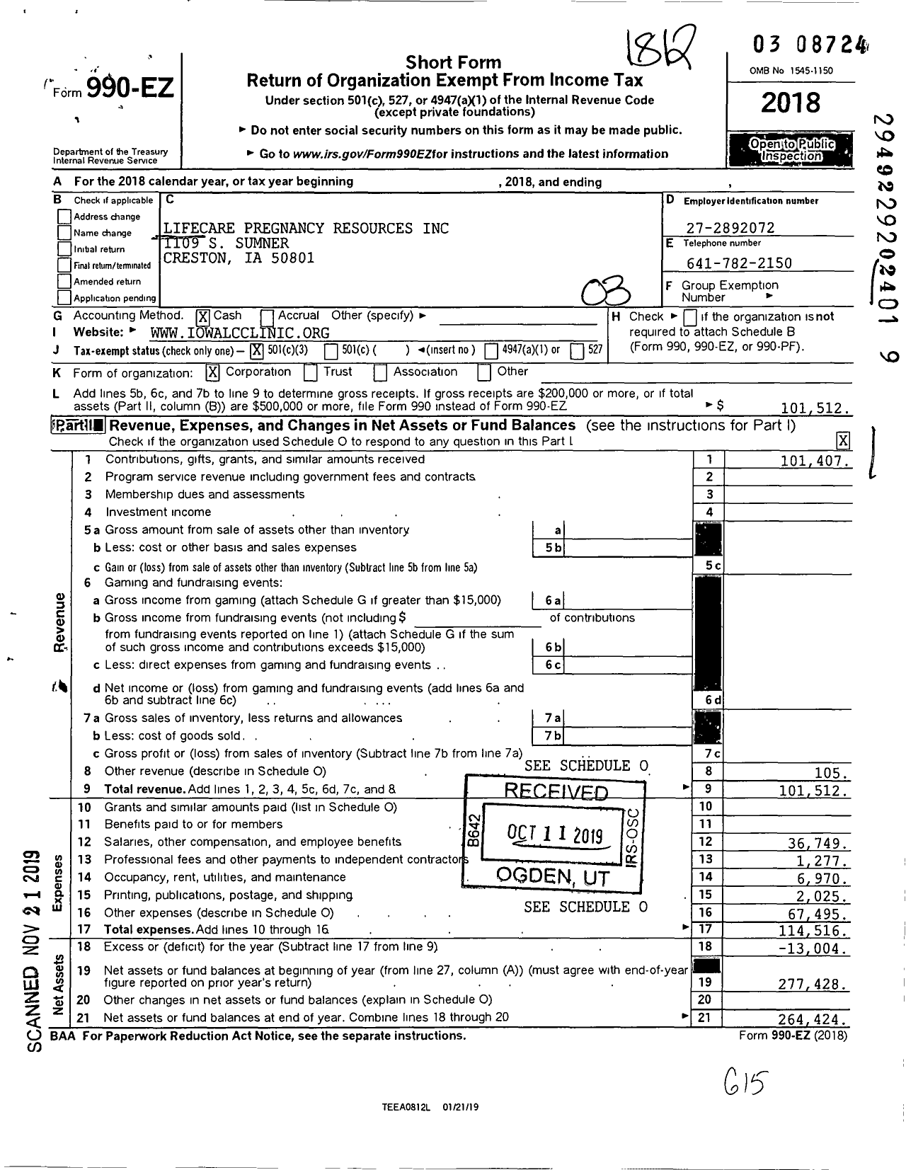 Image of first page of 2018 Form 990EZ for Lifecare Pregnancy Resources
