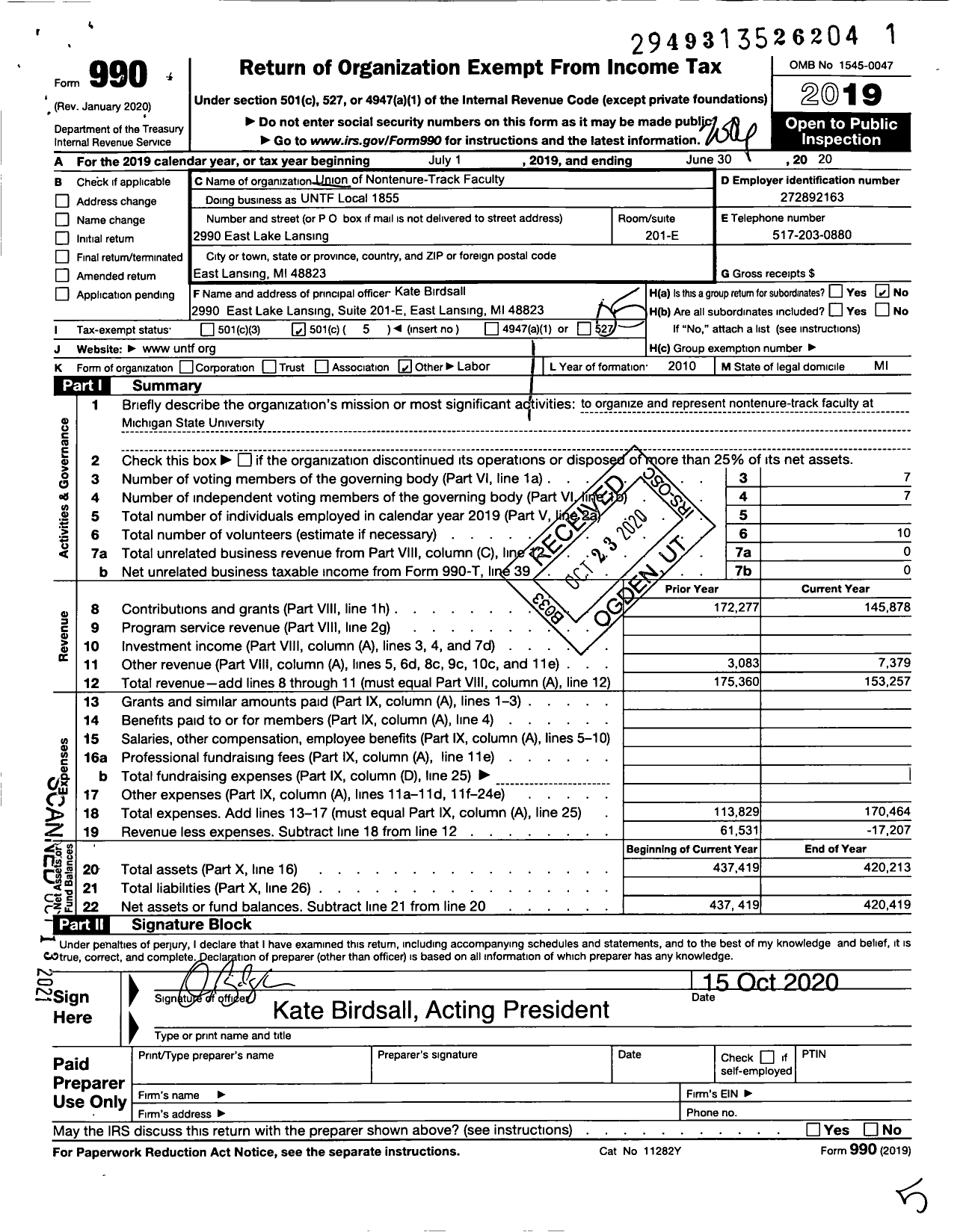 Image of first page of 2019 Form 990O for Untf Local 1855