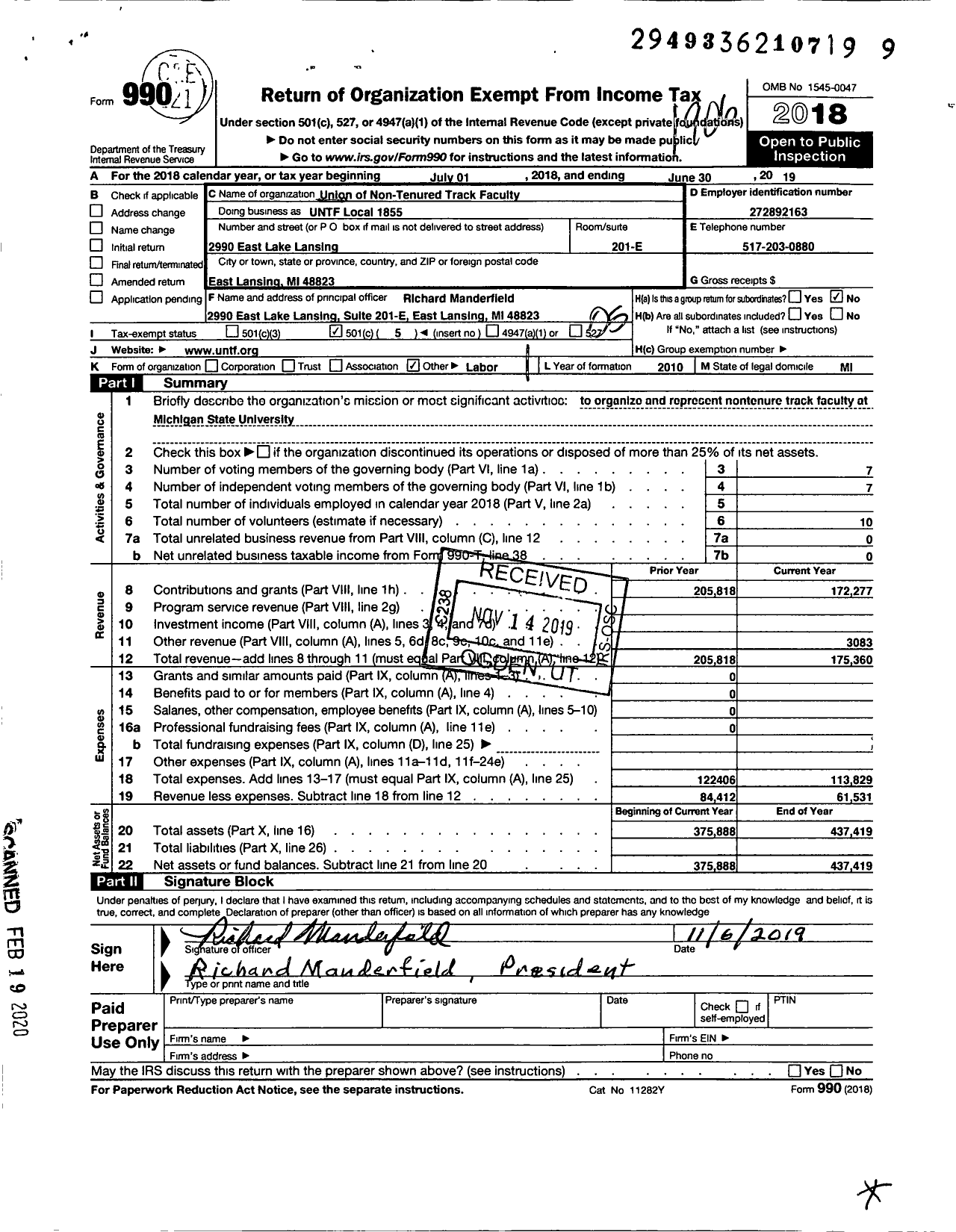 Image of first page of 2018 Form 990O for Untf Local 1855