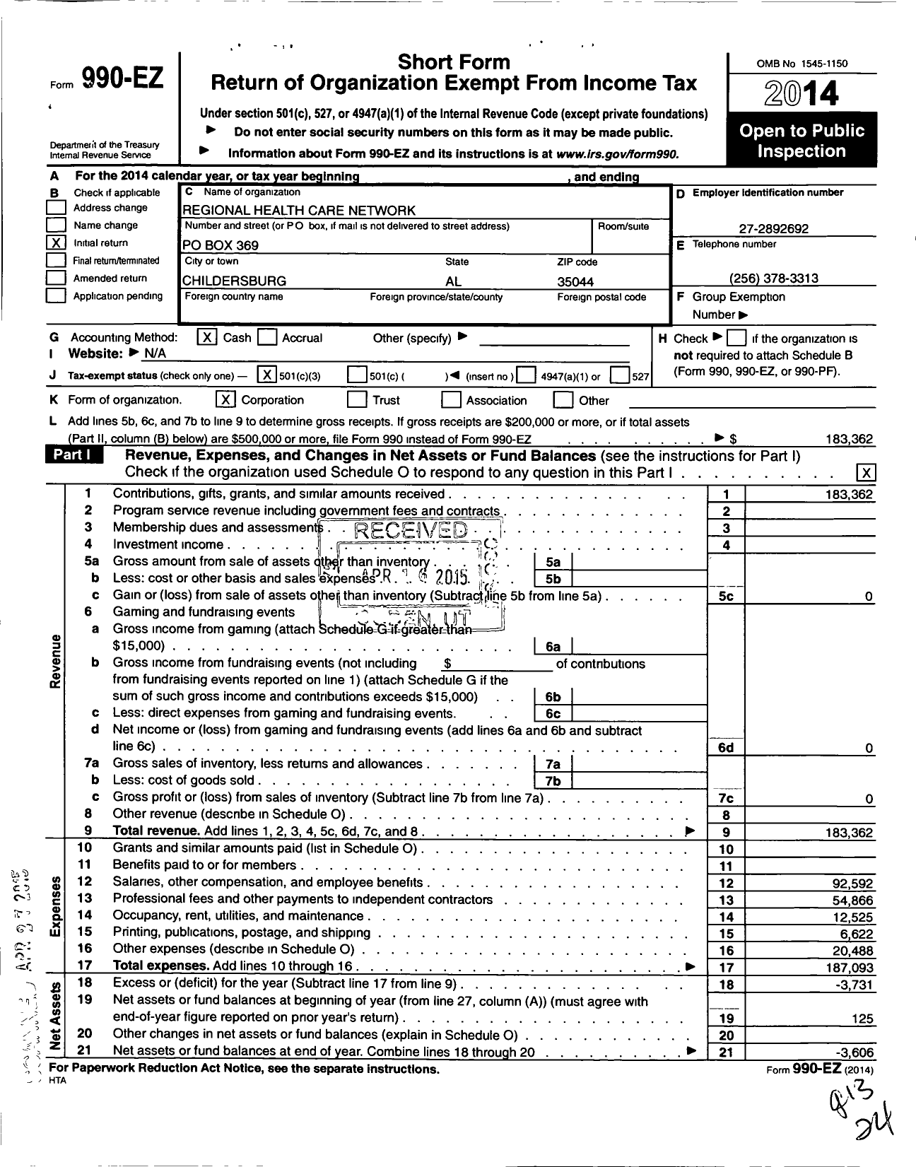 Image of first page of 2014 Form 990EZ for Regional Health Care Network