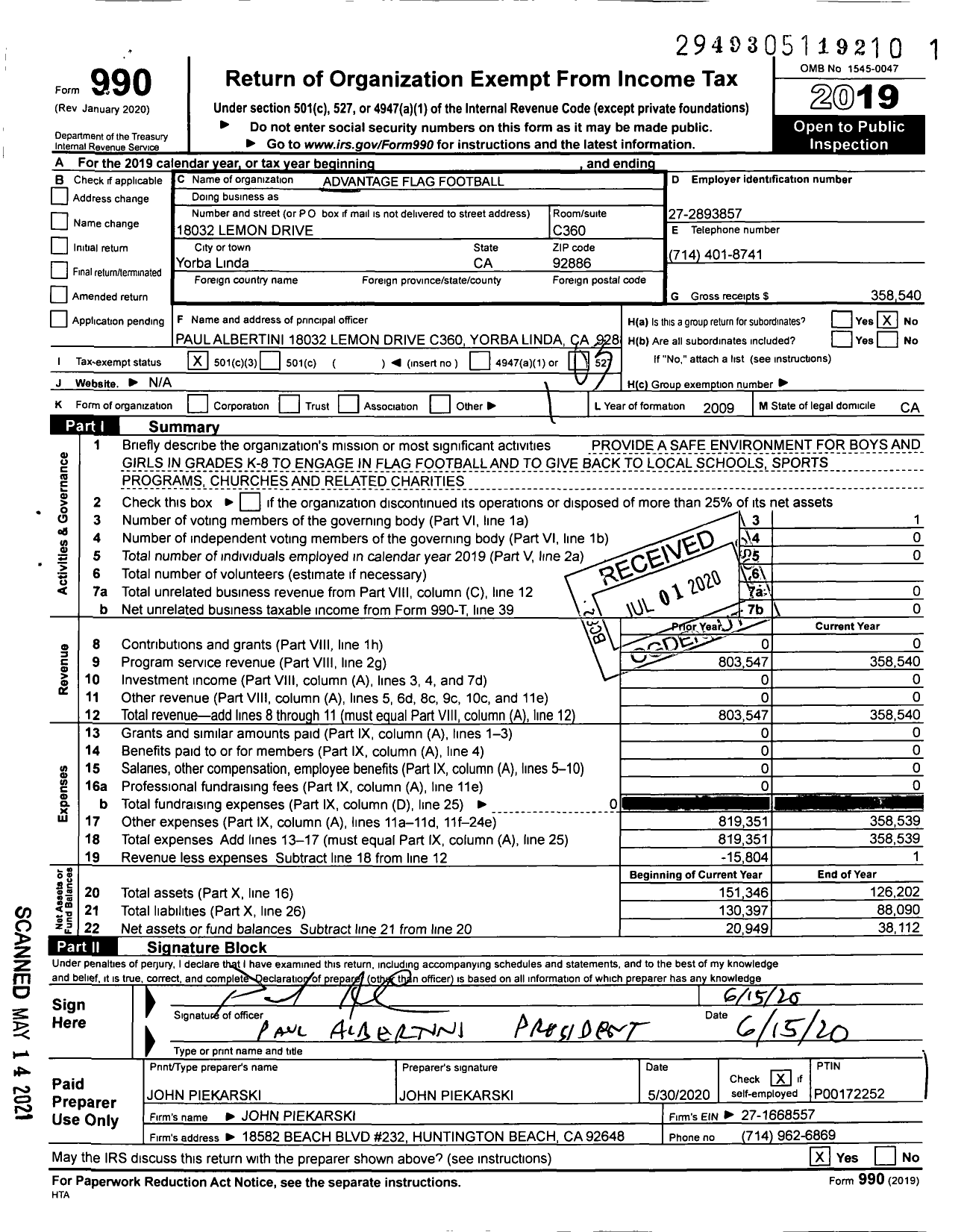 Image of first page of 2019 Form 990 for Advantage Flag Football