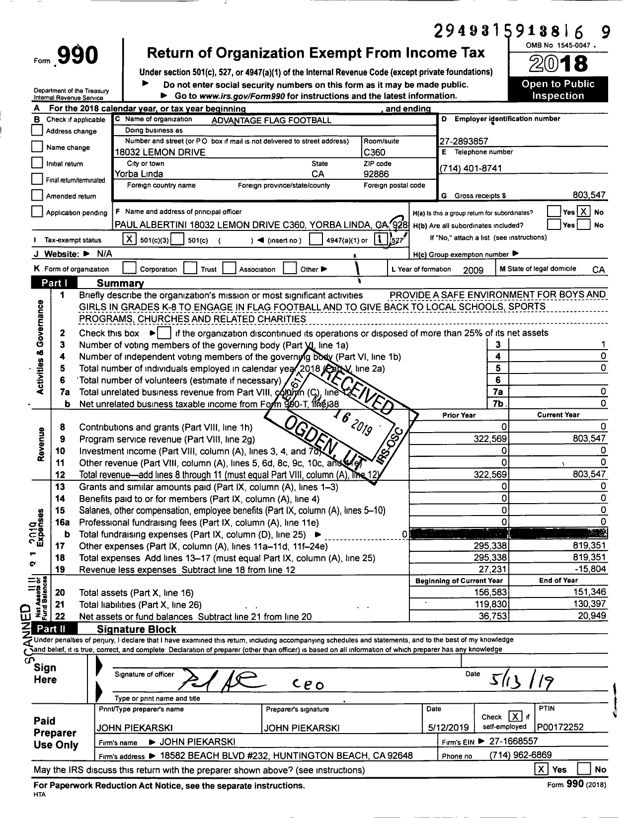Image of first page of 2018 Form 990 for Advantage Flag Football