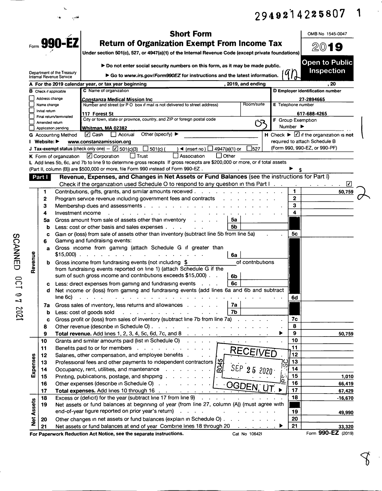 Image of first page of 2019 Form 990EZ for Constanza Medical Mission