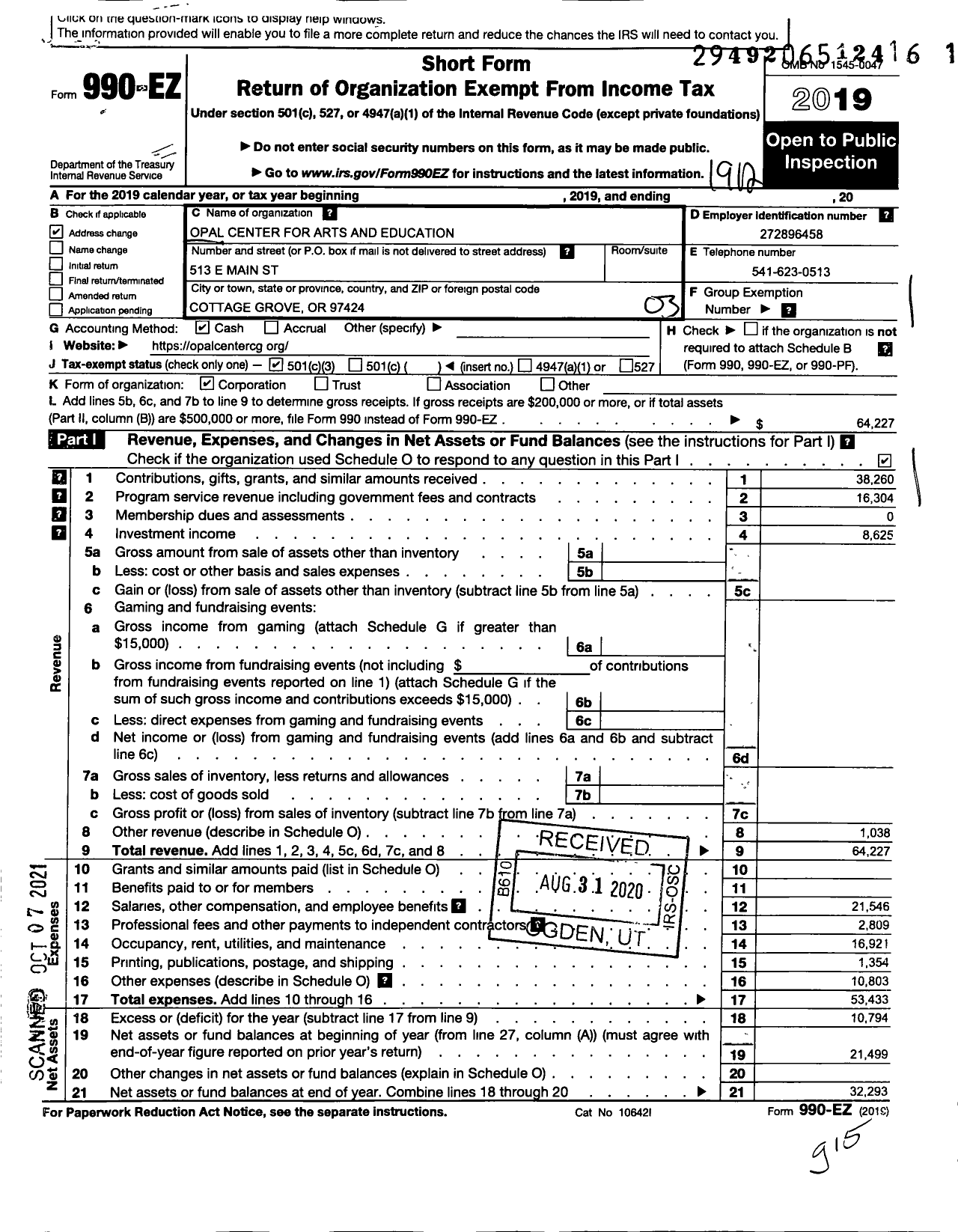 Image of first page of 2019 Form 990EZ for Opal Center for Arts and Education