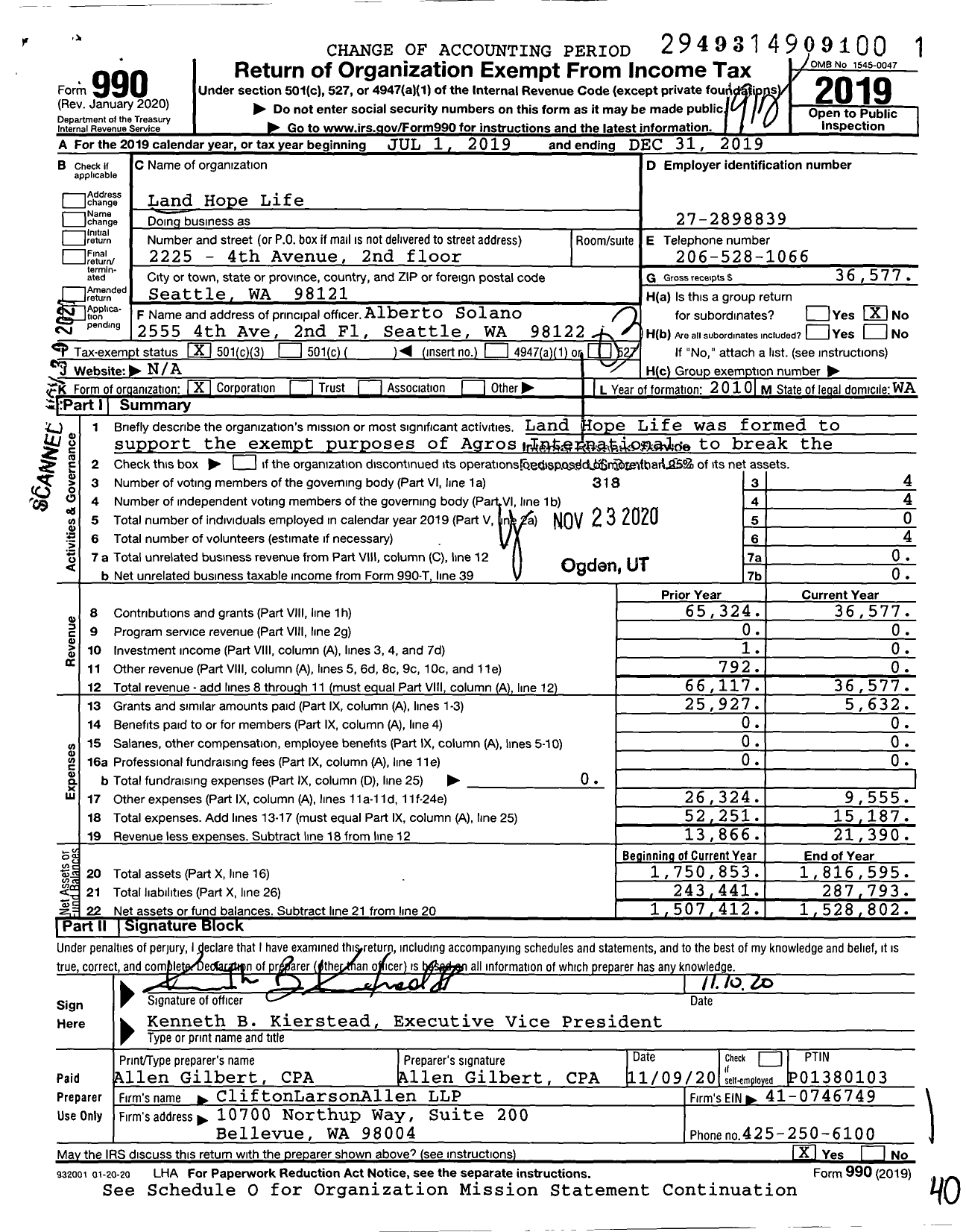 Image of first page of 2019 Form 990 for Land Hope Life