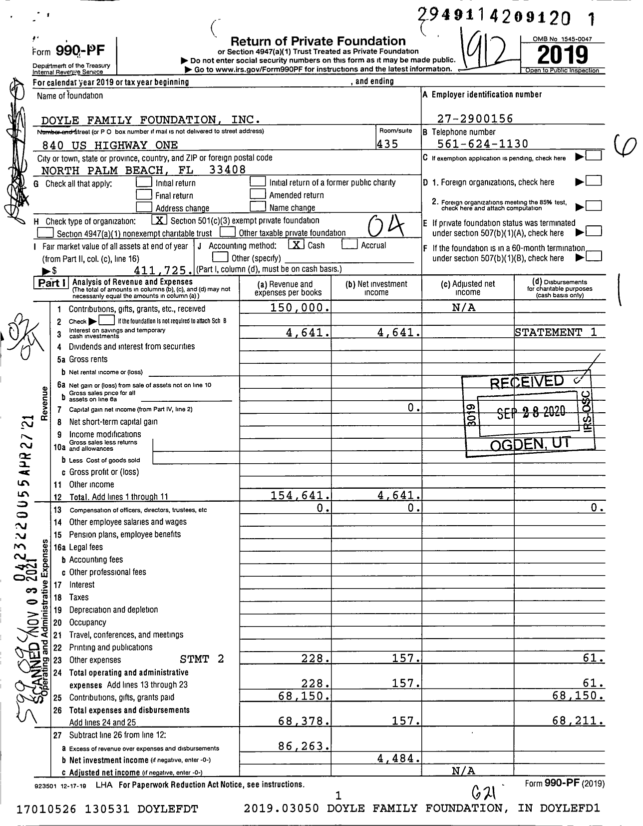 Image of first page of 2019 Form 990PF for Doyle Family Foundation