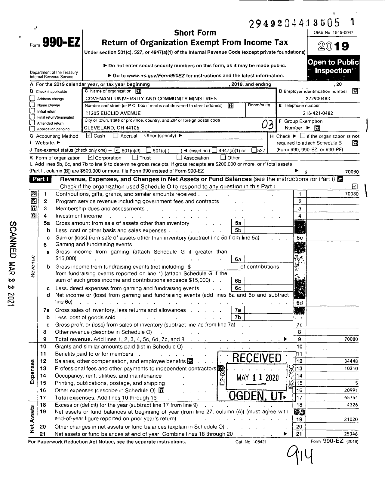 Image of first page of 2019 Form 990EZ for Covenant University and Community Ministries