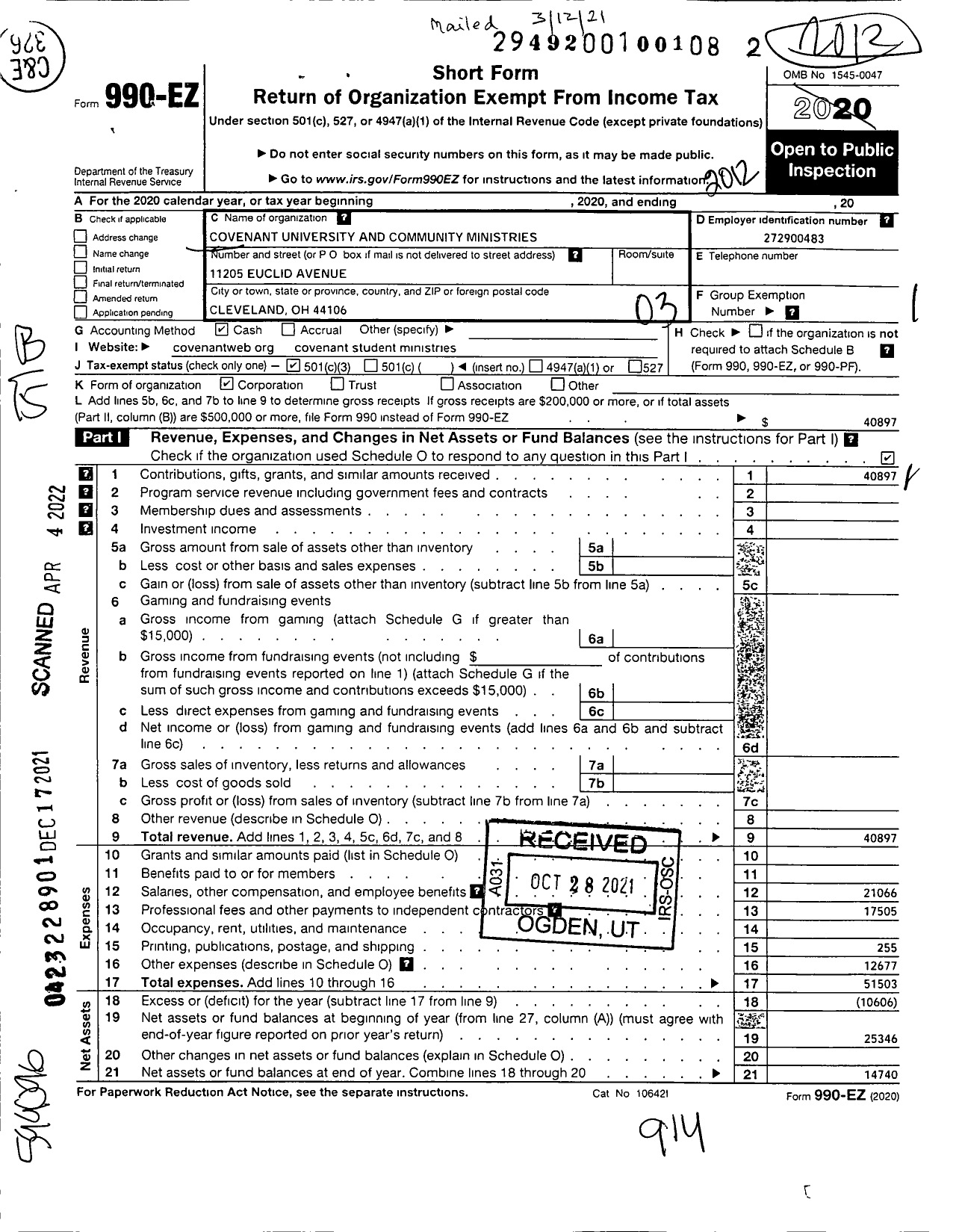 Image of first page of 2020 Form 990EZ for Covenant University and Community Ministries