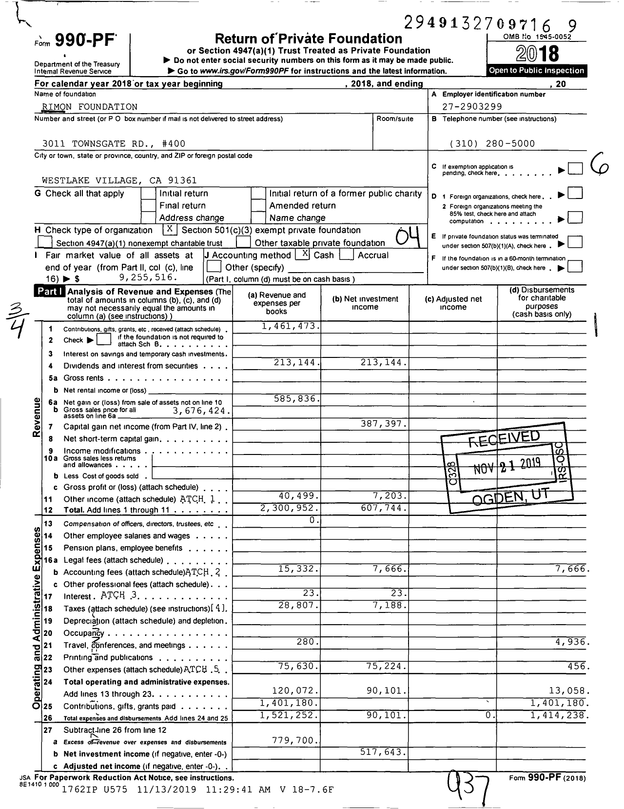 Image of first page of 2018 Form 990PF for Rimon Foundation