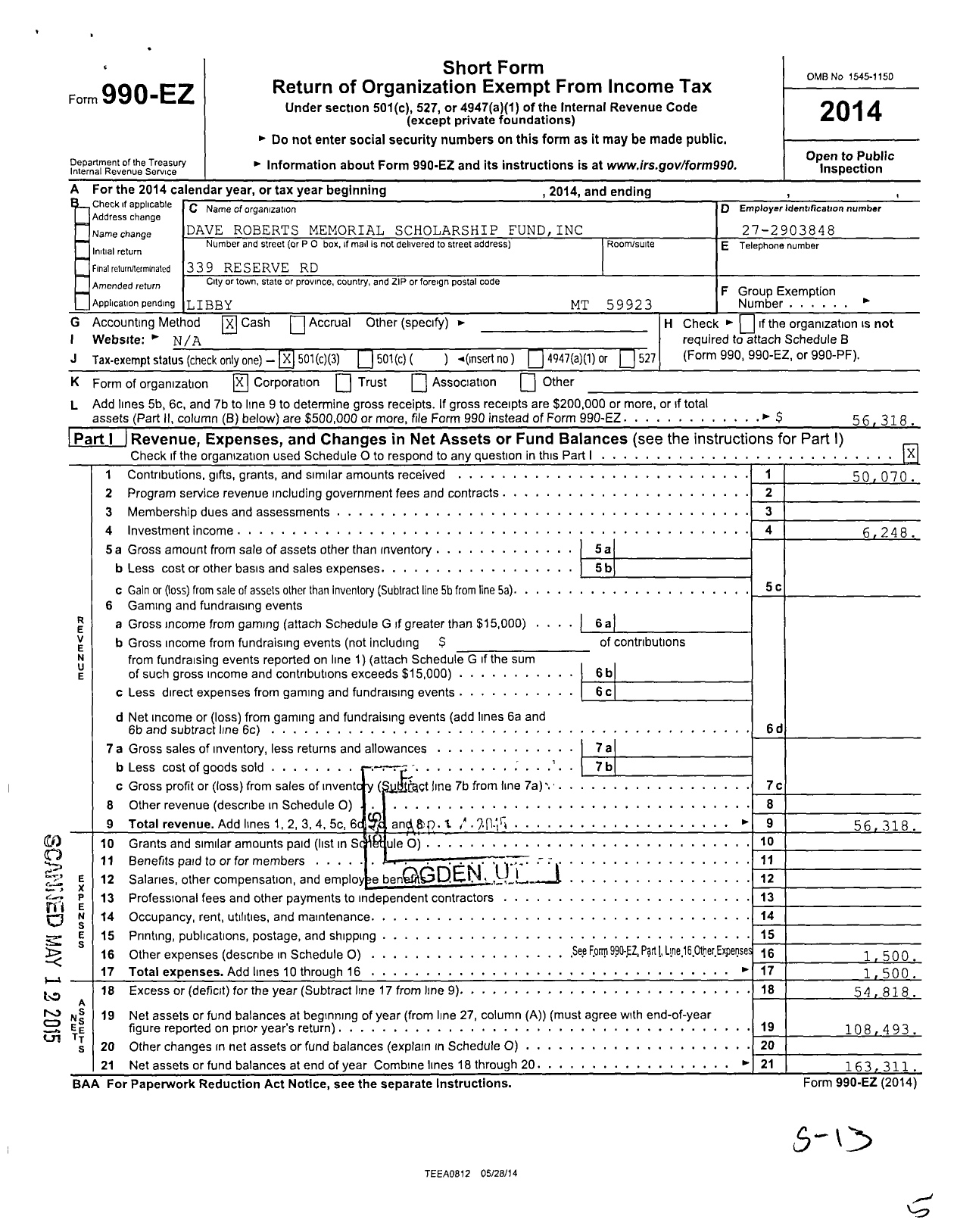 Image of first page of 2014 Form 990EZ for Dave Roberts Memorial Scholarship Fund