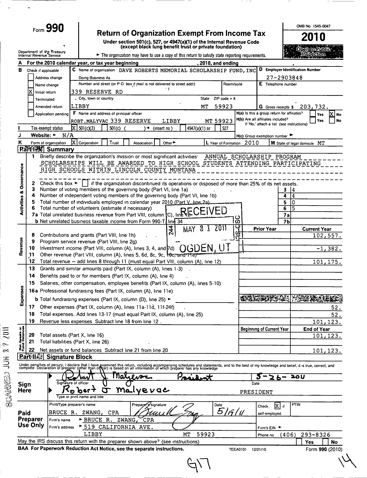 Image of first page of 2010 Form 990 for Dave Roberts Memorial Scholarship Fund