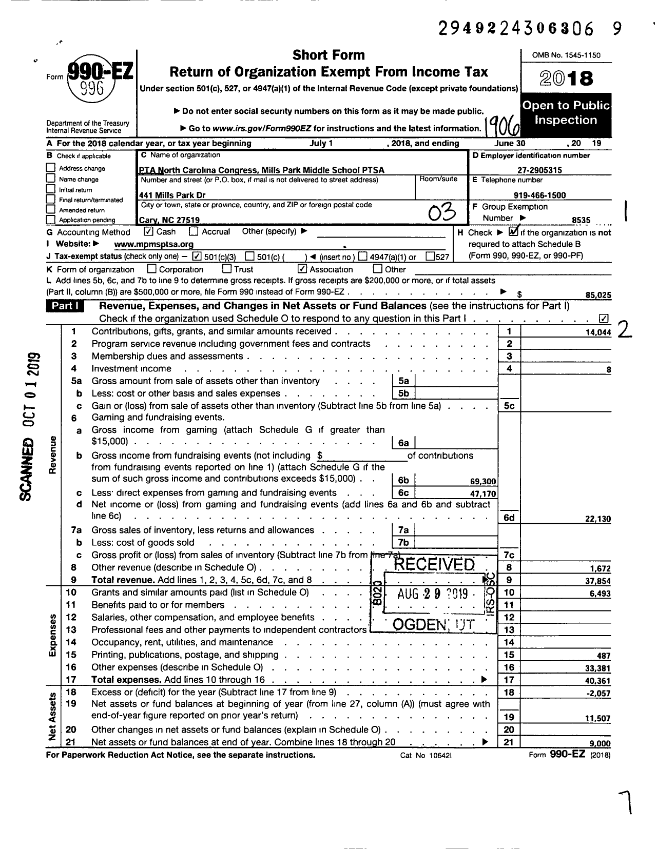 Image of first page of 2018 Form 990EZ for Mills Park Middle Ptsa