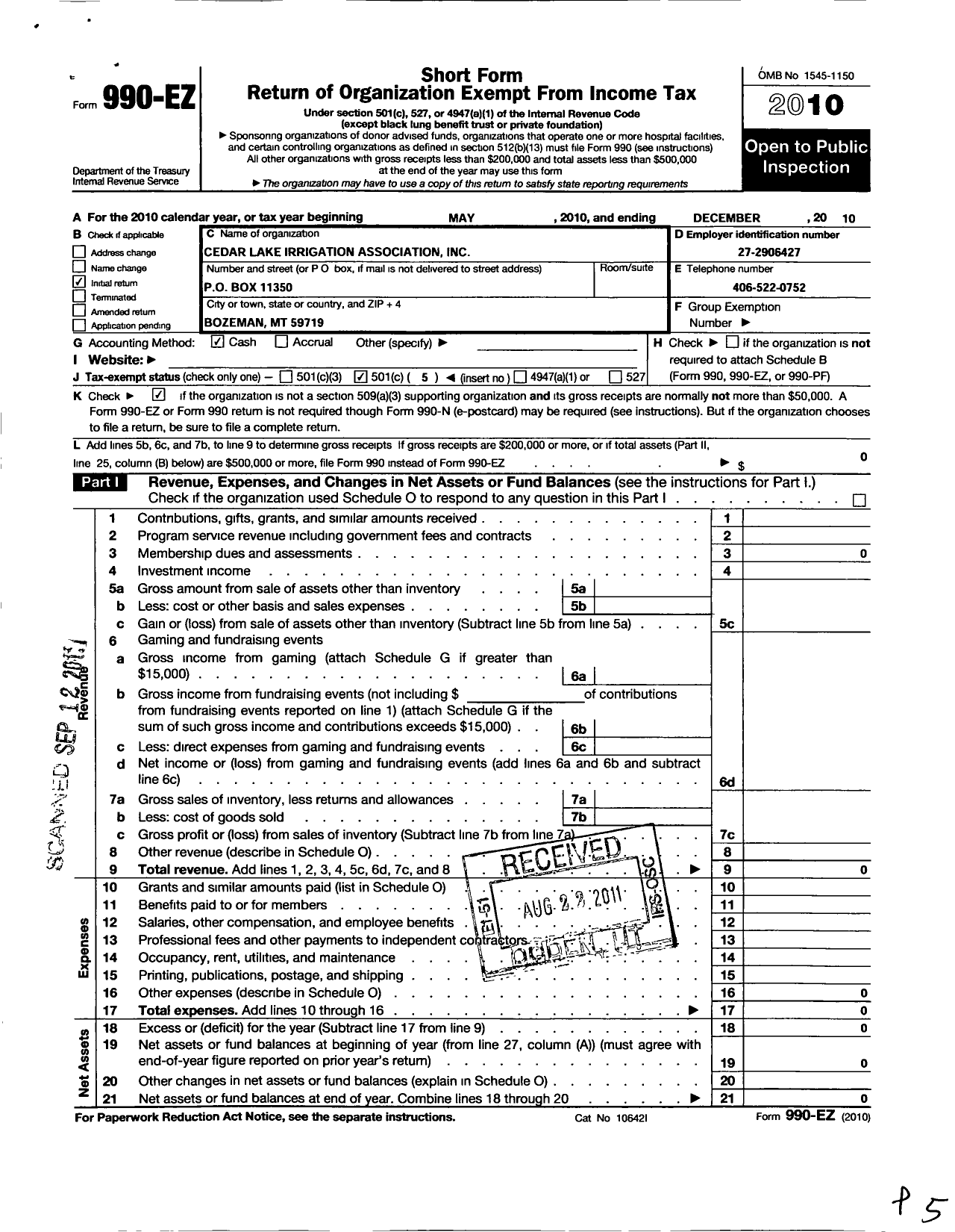 Image of first page of 2010 Form 990EO for Cedar Lake Irrigation Association