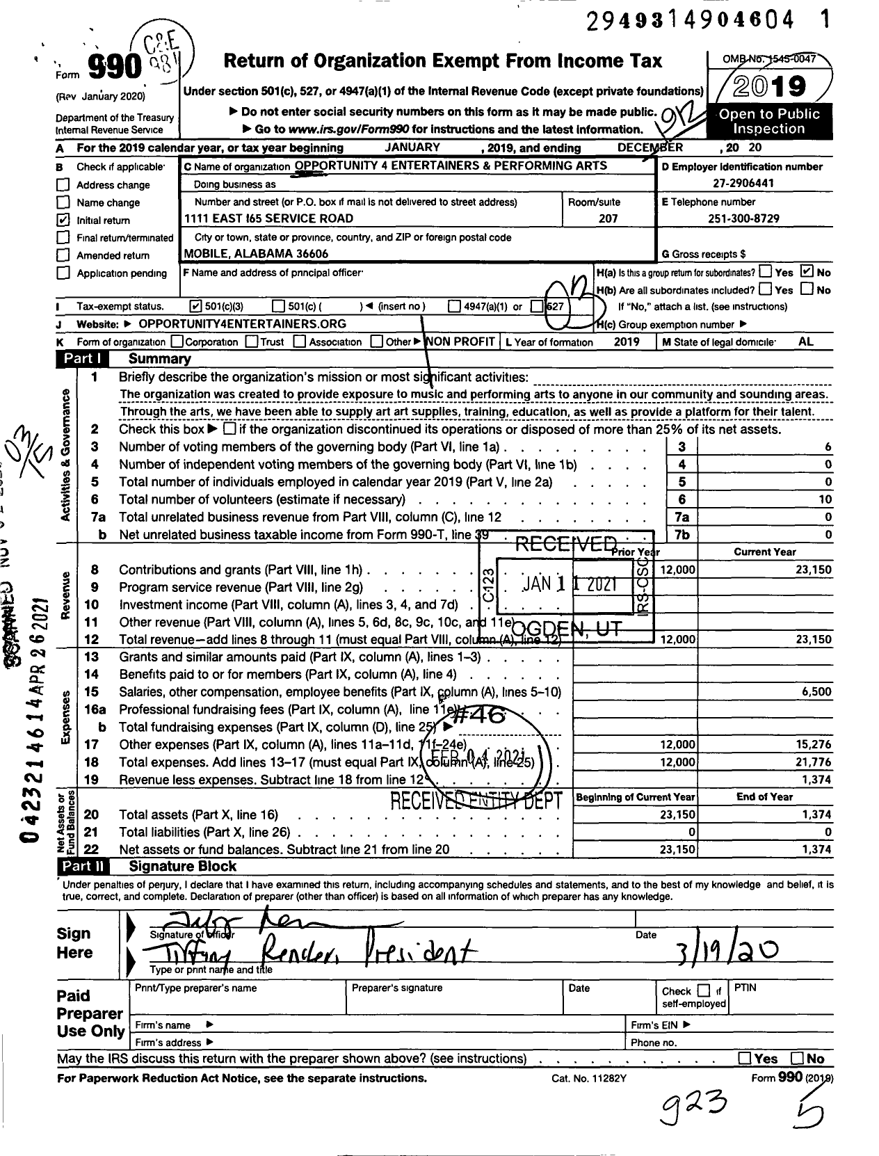 Image of first page of 2019 Form 990 for Opportunity 4 Entertainers and Performing Arts