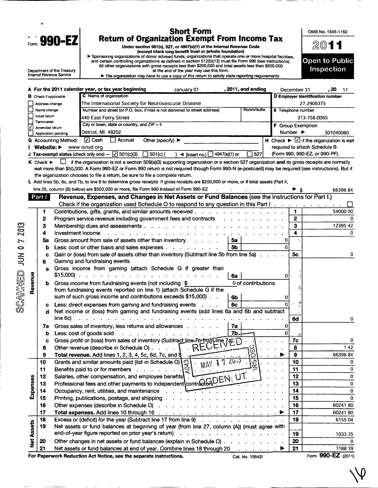 Image of first page of 2011 Form 990EZ for International Society for Neurovascular Disease