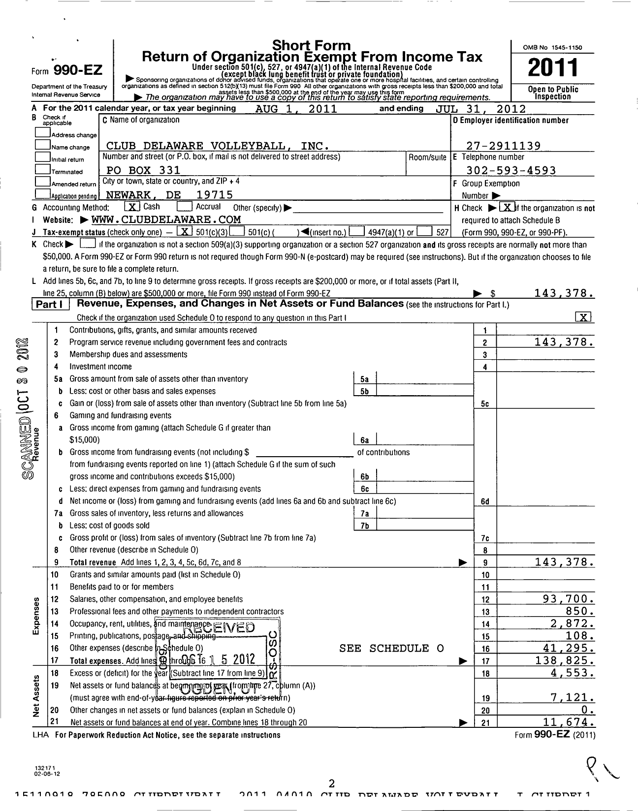 Image of first page of 2011 Form 990EZ for Club Delaware Volleyball