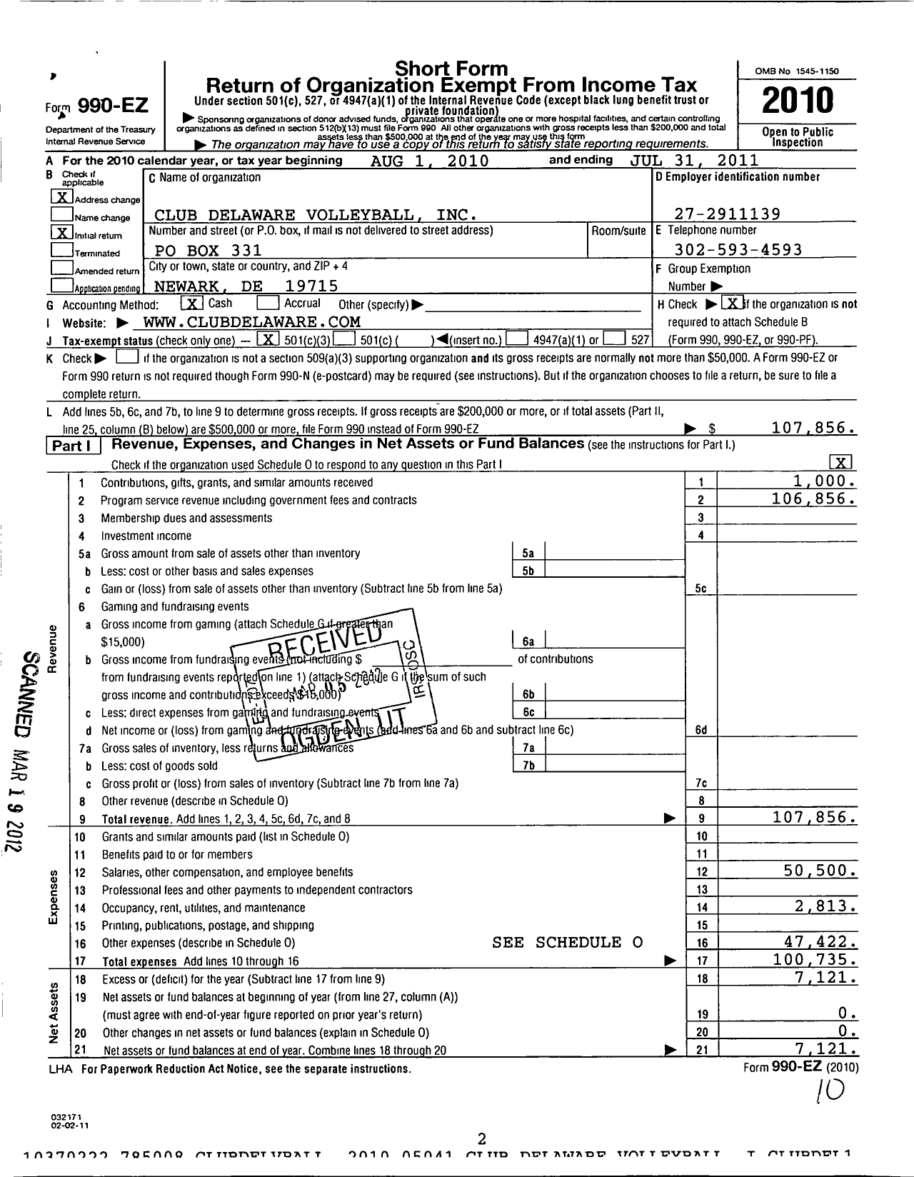 Image of first page of 2010 Form 990EZ for Club Delaware Volleyball