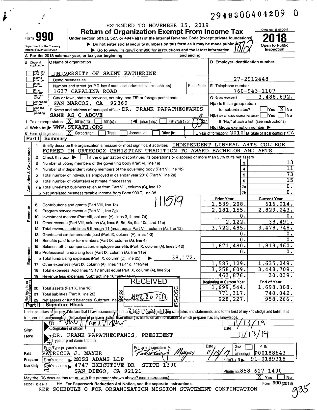 Image of first page of 2018 Form 990 for University of Saint Katherine