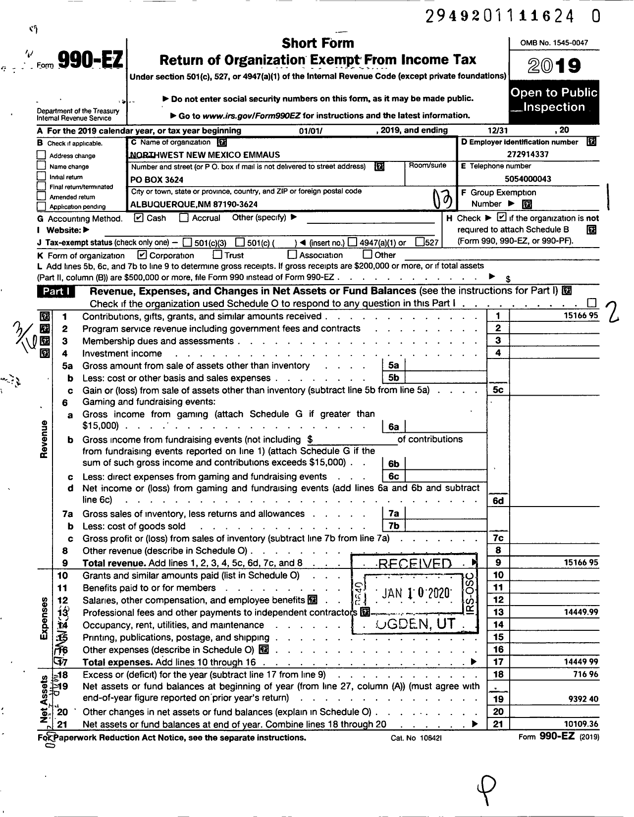 Image of first page of 2019 Form 990EZ for Northwest New Mexico Emmaus Community