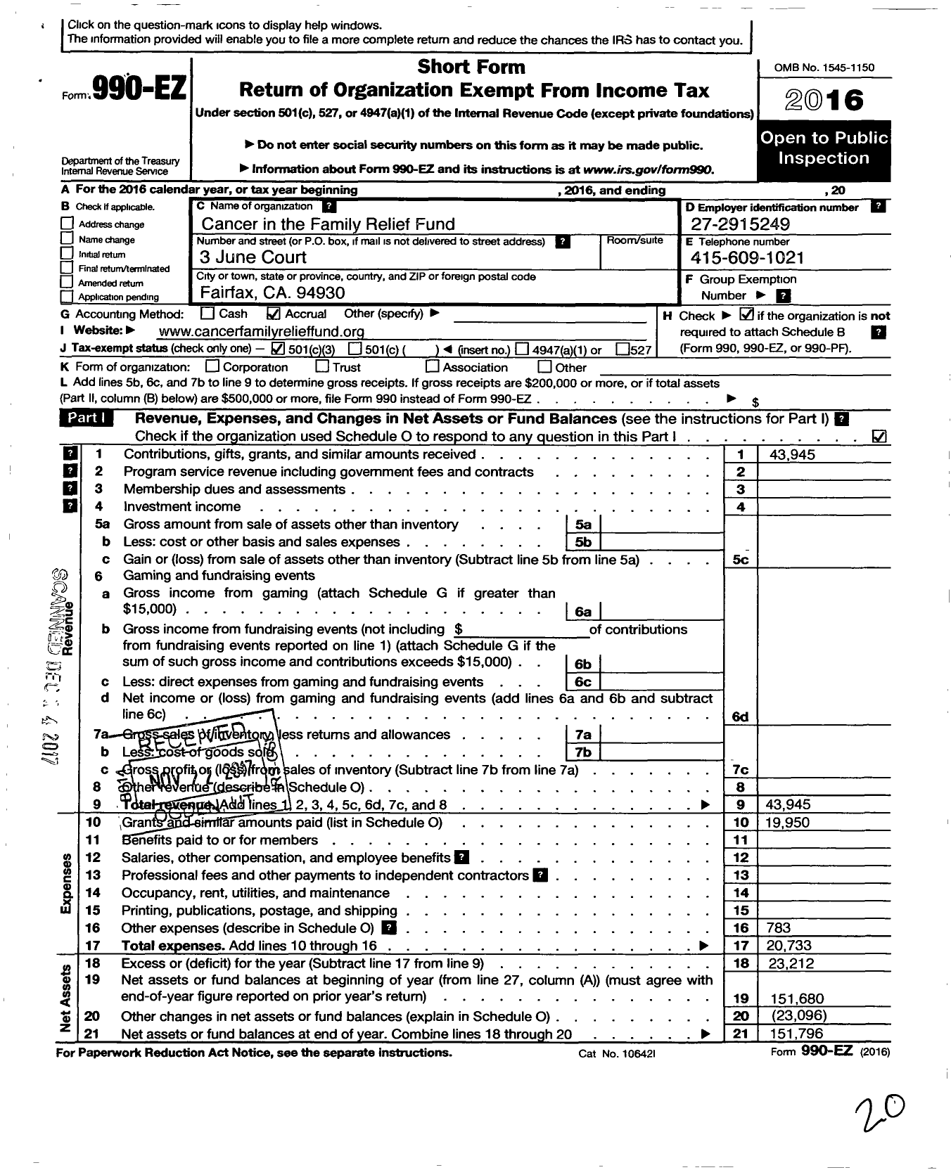 Image of first page of 2016 Form 990EZ for Cancer in the Family Relief Fund