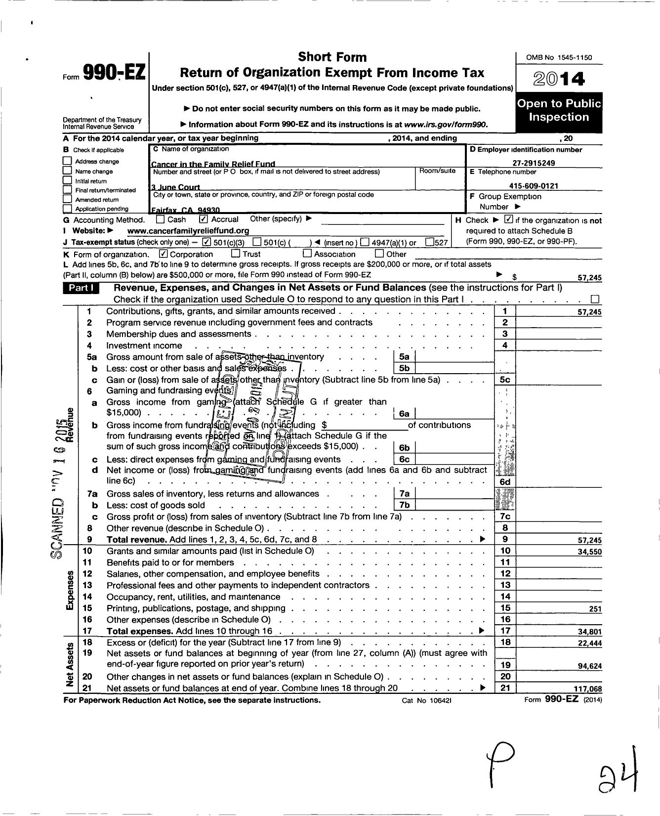 Image of first page of 2014 Form 990EZ for Cancer in the Family Relief Fund