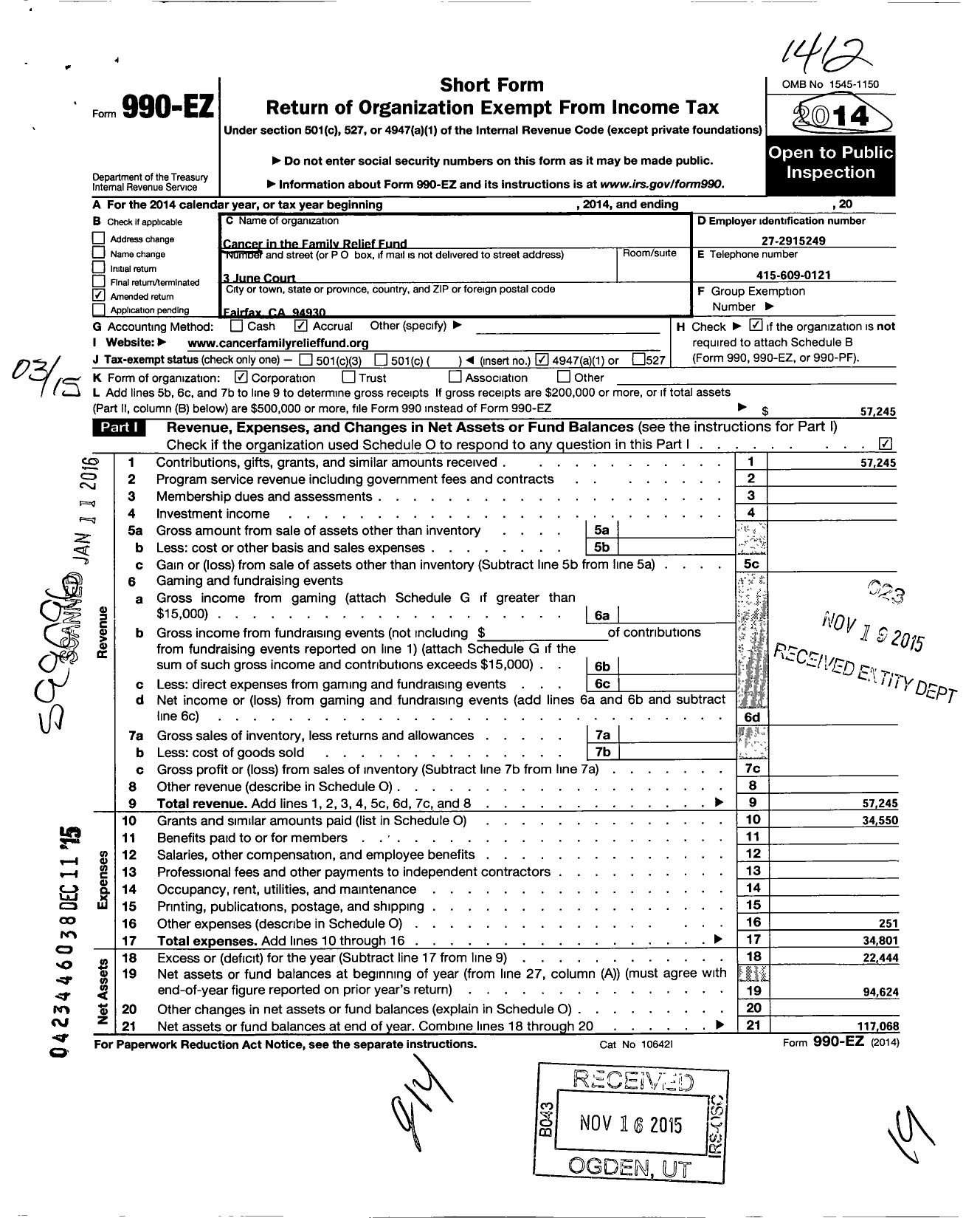 Image of first page of 2014 Form 990EO for Cancer in the Family Relief Fund