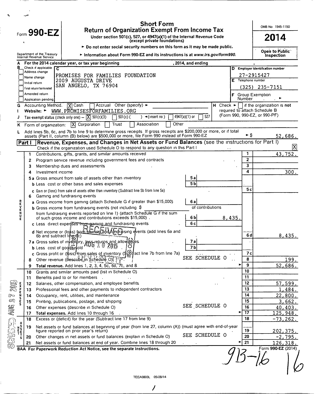 Image of first page of 2014 Form 990EZ for Promises for Families Foundation