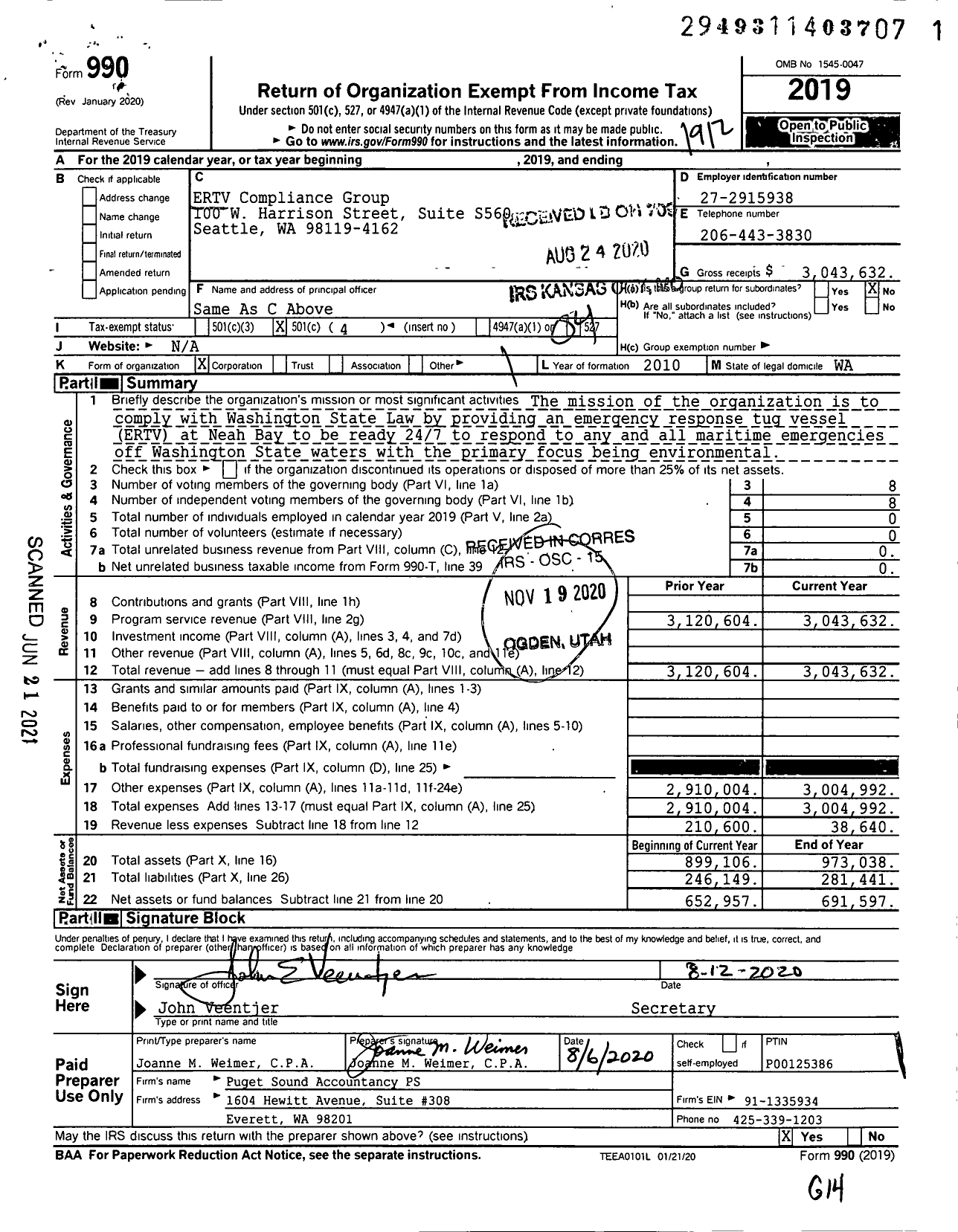 Image of first page of 2019 Form 990O for ERTV Compliance Group