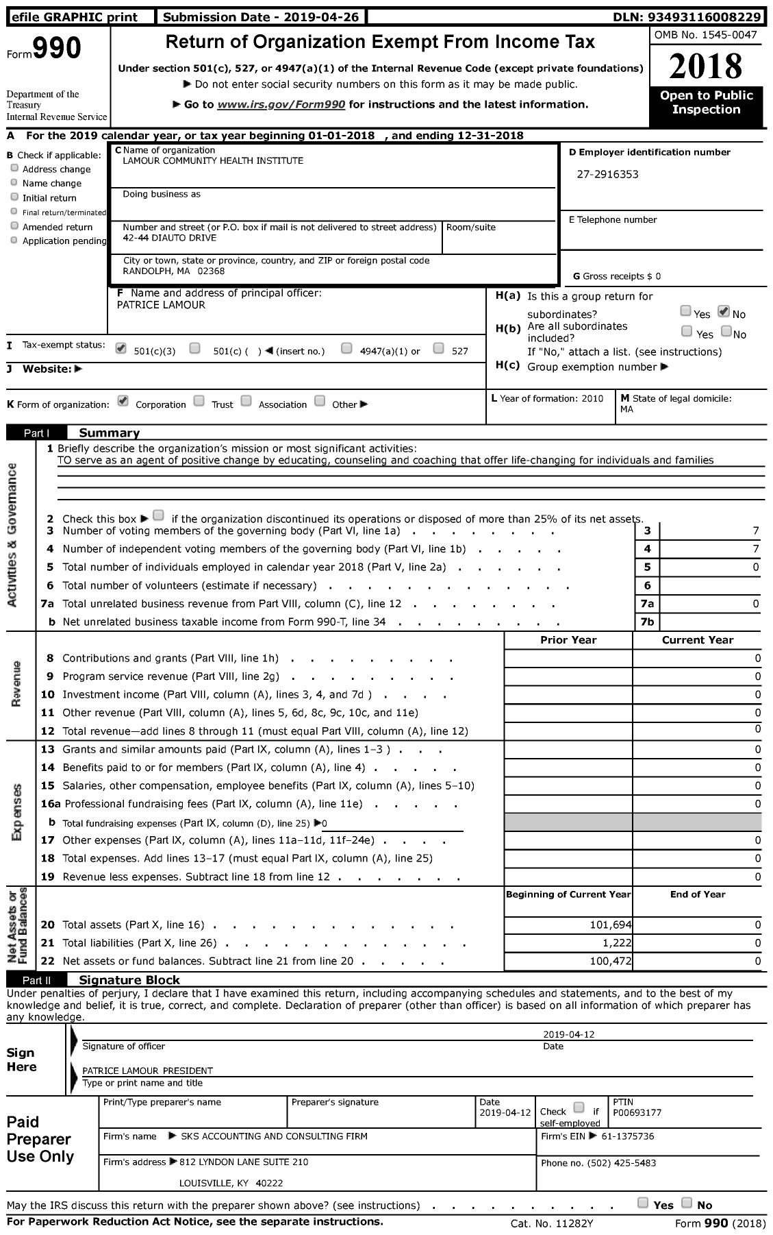 Image of first page of 2018 Form 990 for Lamour Community Health Institute