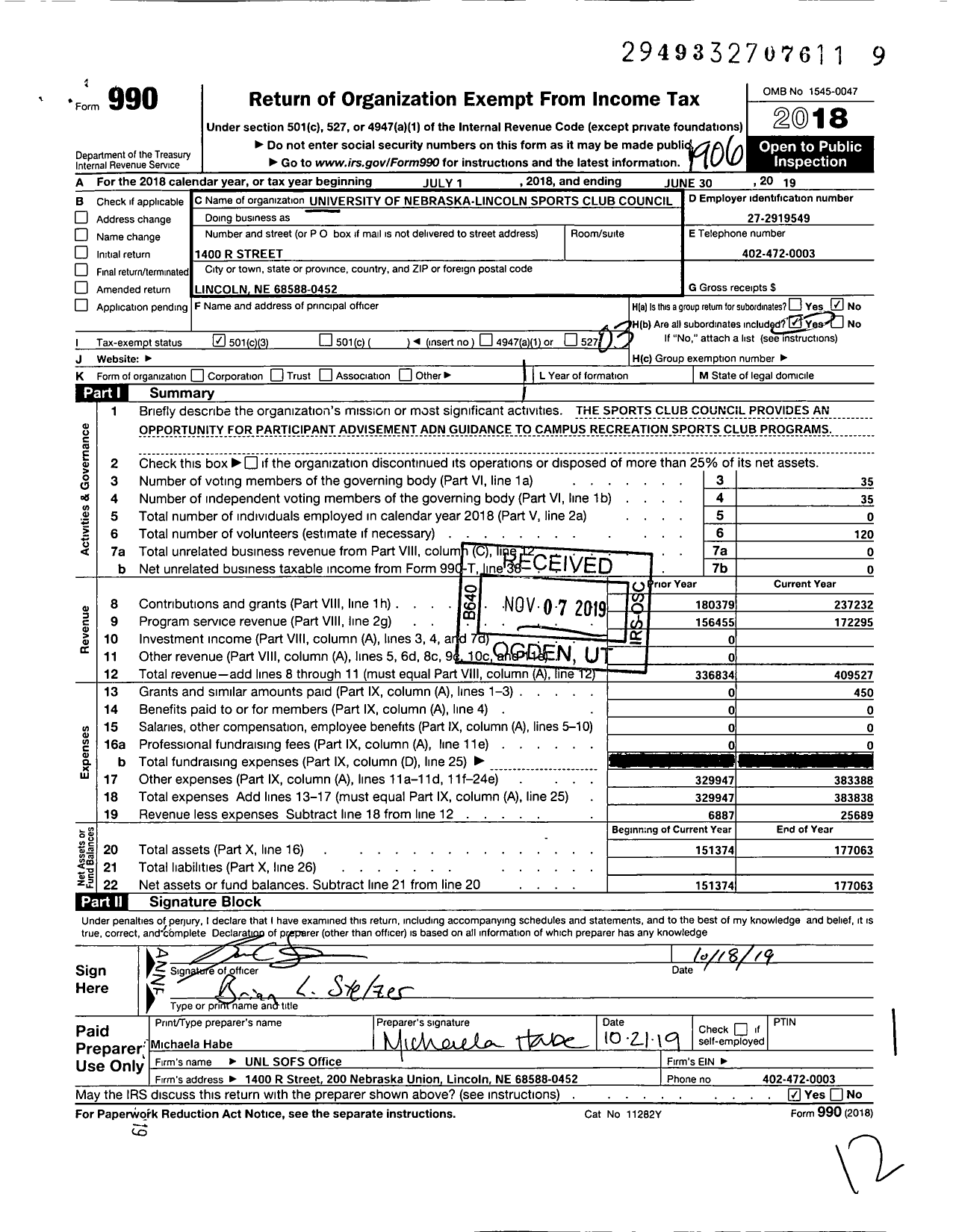 Image of first page of 2018 Form 990 for University of Nebraska Lincoln Sport Clubs Council